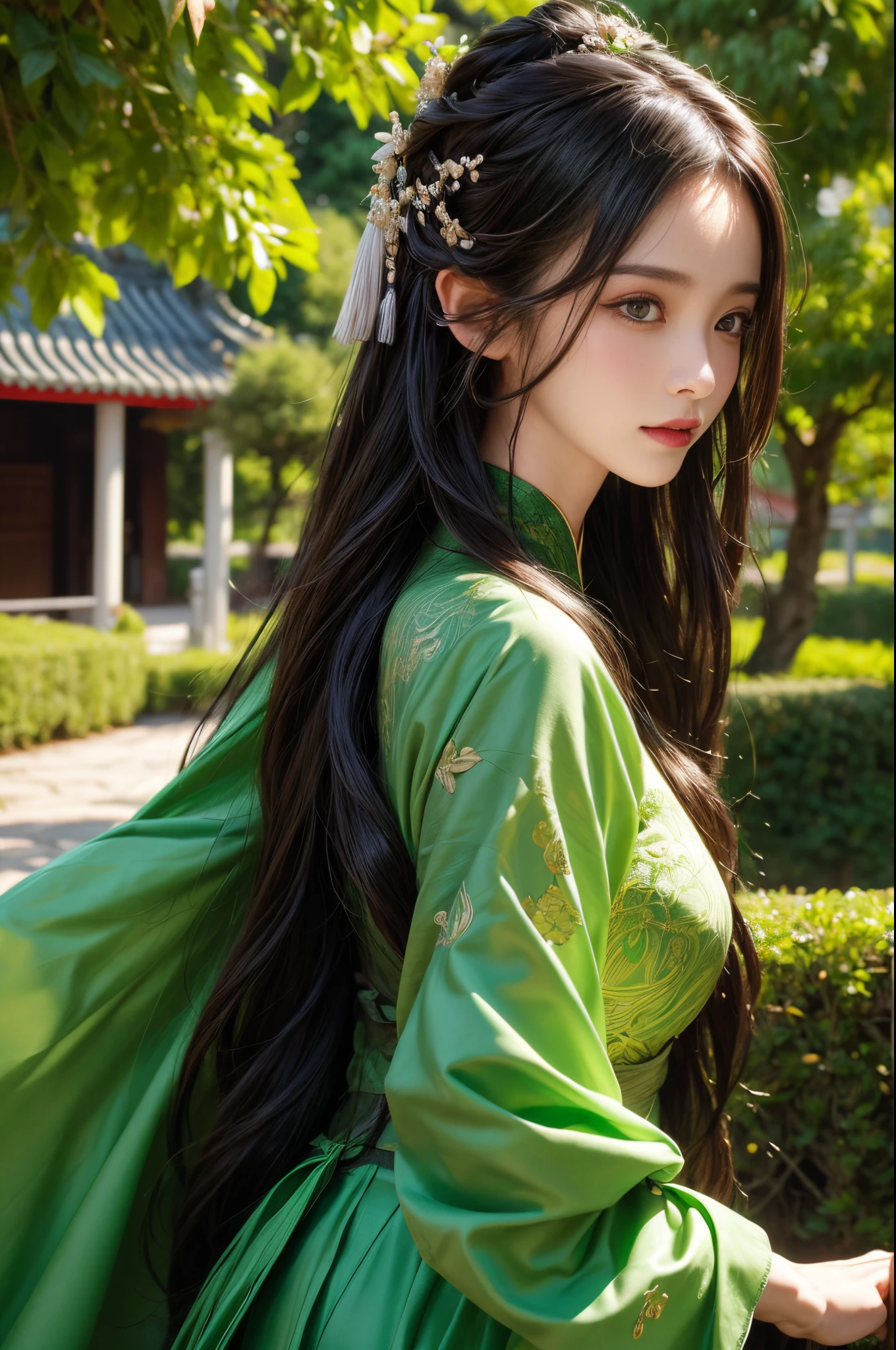 (best quality,master,highres),wuxia,1girl,china dress,beautiful detailed face,beautiful detailed eyes,beautiful detailed lips,long eyelashes,flowing black hair,serene expression,lush green garden backdrop,vibrant colors,soft natural lighting