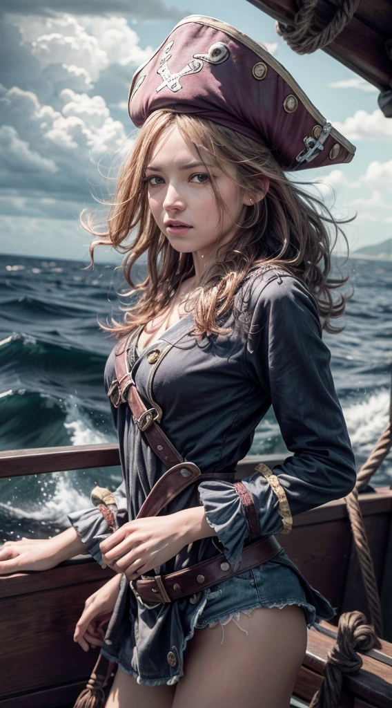 (masterpiece, best quality, award winning, highres), 1 beautiful female pirate, skinny, tall, pirate hat, intricate pirate clothes, intricate and beautiful design, highly detailed beautiful face, wavy hair, detailed flowing hair, standing at helm on pirate ship, pirate ship, storm, rain, rough sea, detailed background, water splash, extremely CG detail, ultra detail