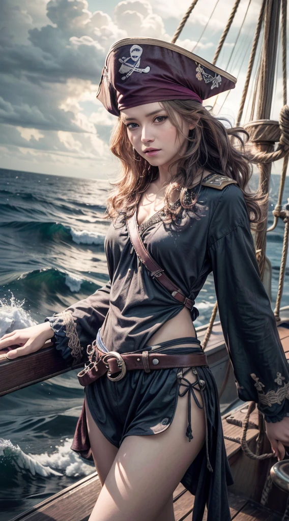 (masterpiece, best quality, award winning, highres), 1 beautiful female pirate, skinny, tall, pirate hat, intricate pirate clothes, intricate and beautiful design, highly detailed beautiful face, wavy hair, detailed flowing hair, standing at helm on pirate ship, pirate ship, storm, rain, rough sea, detailed background, water splash, extremely CG detail, ultra detail