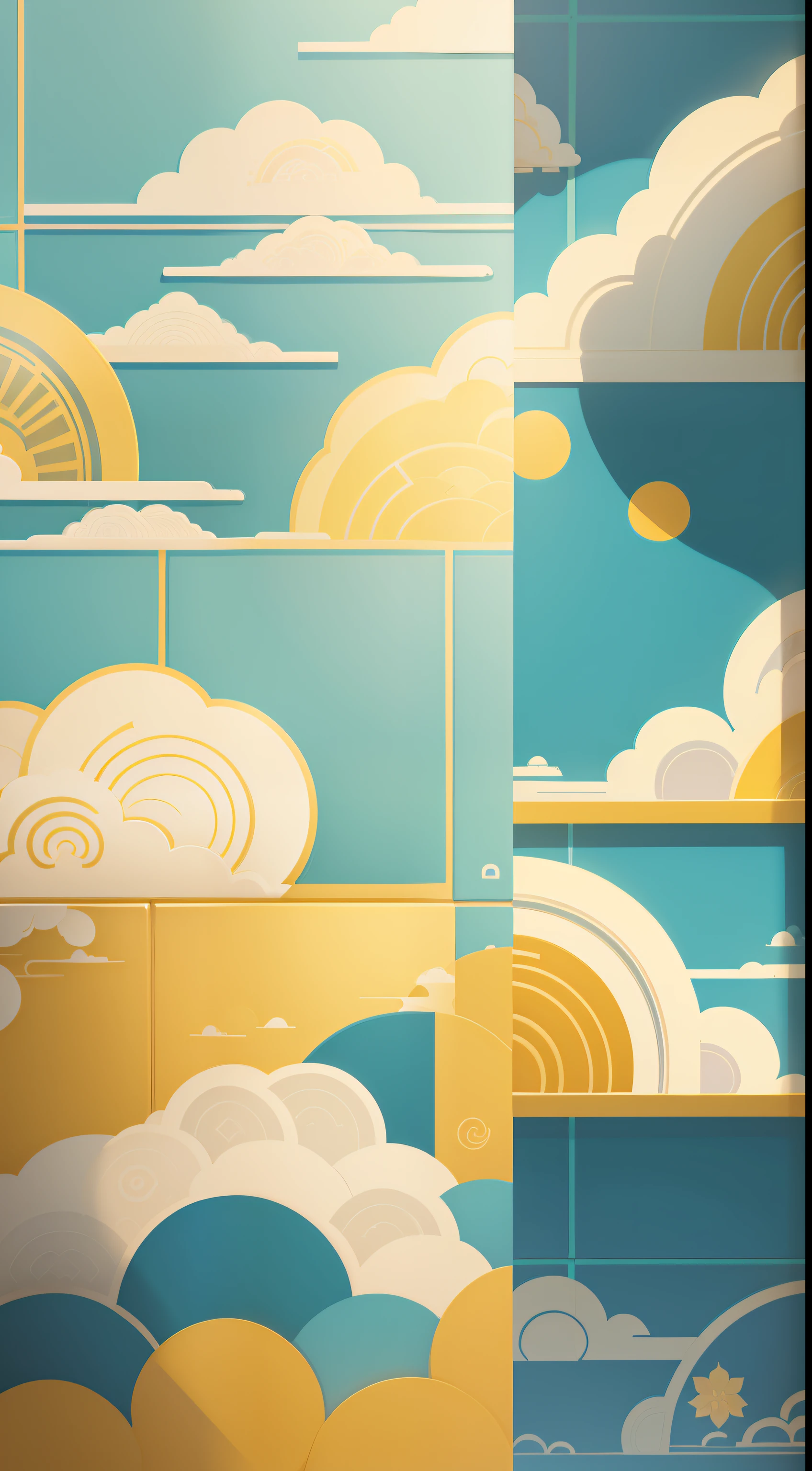 Auspicious clouds、loong pattern、glazed tiles、palace texture、small flower pattern、The shape of the definition、flat form style、Vector style、painterly style、Wallpaper style、bright yellow color。There are no shadows in the image。