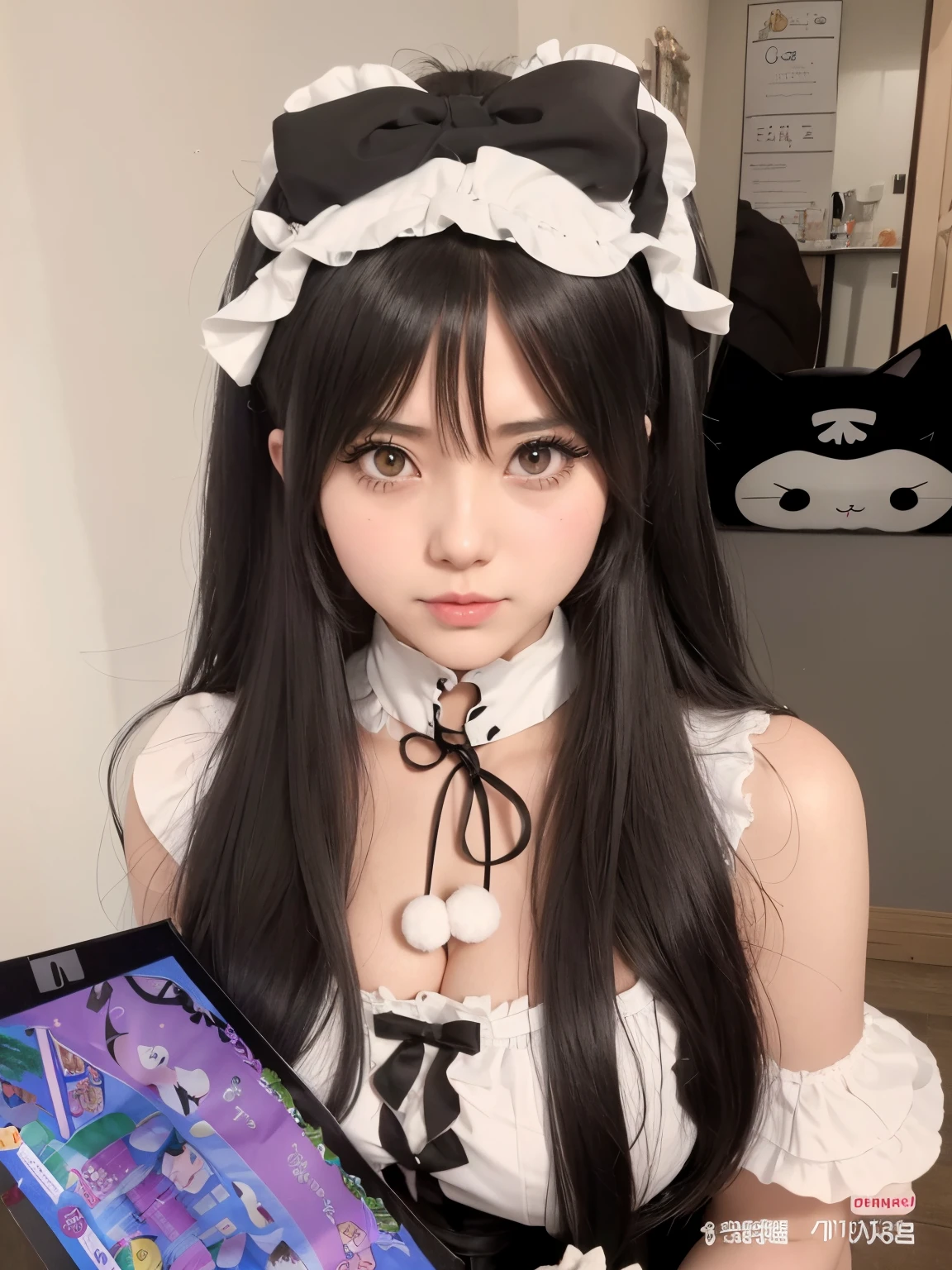 There is a woman with long hair wearing a black and white dress, Anime Cosplay Girl, anime girls in maid costumes, Cat Cosplay! maid! doress, Anime Cosplay, Lori, real life anime girl, Very cute cute kitten, gorgeous maid, anime cat girl in a maid costume, japanese maid cafe, Ultra realistic sweet bunny girl,Panties in full view