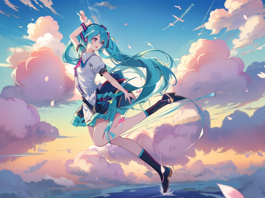 A Hatsune Miku dressed as ****ta，Picture of flying with a bow, running pose, the anime girl is running, jumping posture, dynamic pose perspective, anime pose,posture gesture, dynamic perspective pose, Dynamic Action Pose, full bodyesbian!!Dynamic Action Pose， Anime keyframes， Dynamic poses and perspectives， dynamic extreme shortening， key frame diagram， pixiv pixiv， Digital art on Pixiv， Pixiv style， zerochan art， sakura petals around her，Blue sky in background， pixiv contest winner， at pixiv， Guviz， anime moe art style