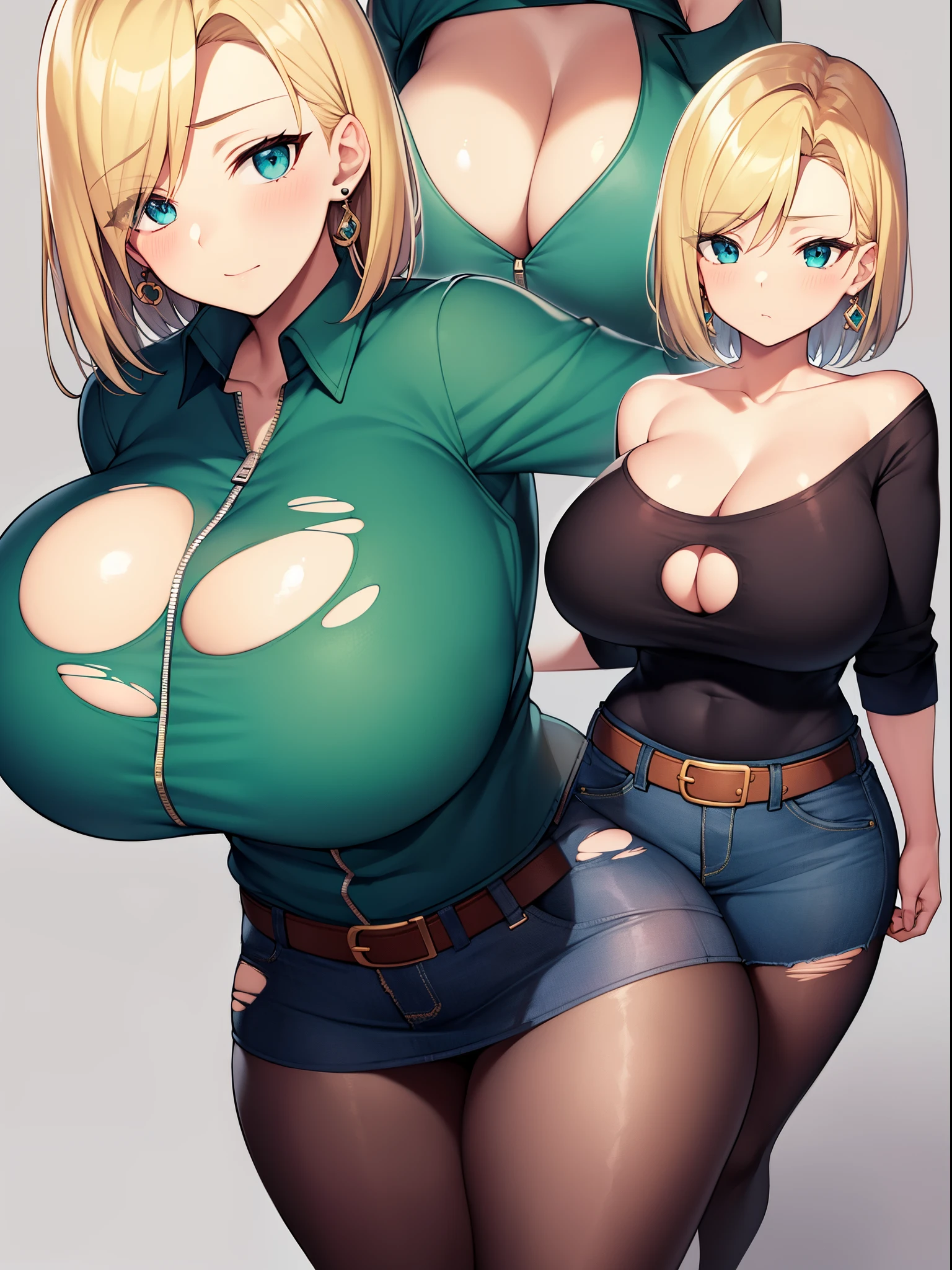 masterpiece, uncensored, tits, curvy, waifu, torn clothes, 1girl, android 18, breasts, torn shirt, torn legwear, blonde hair, skirt, jacket, torn sleeves, clothing cutout, rating:safe, solo, denim, cleavage, denim skirt, belt, shirt, long sleeves, bare shoulders, blue eyes, collarbone, off shoulder, denim jacket, green jacket, torn skirt, looking at viewer, torn pants, short hair, black shirt, medium breasts, pantyhose, belt buckle, large breasts, simple background, standing, hair intakes, open jacket, cleavage cutout, black legwear, tank top, pencil skirt, closed mouth, grey background, white background, buckle, cowboy shot, looking away, torn jacket, from above, miniskirt, black belt, open clothes, earrings, aqua eyes,(gigantic and massive tits:1.1), breasts, curvy milf, 1:2), closeup, titsnipples