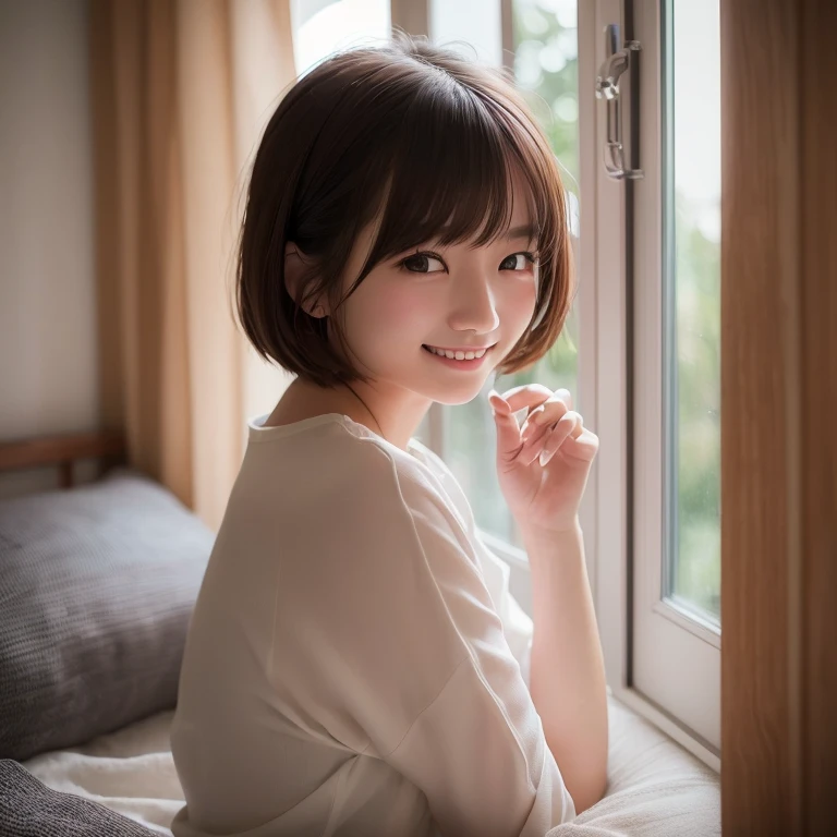 top-quality、softlight、(depth of fields)、超A high resolution、(Photorealsitic:1.4)、Raw photography、(portlate:1.4)、(From Side) 1 Japan Female、22year old、独奏、cute little、(full of shyness、A smile: 1.1)、(Brown-eyed)、detailed beautiful faces、(Shorthair)、a bed