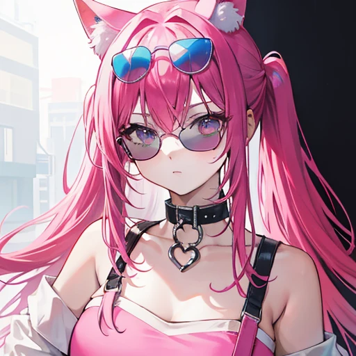 Neon-Like Hot Pink Ombre to Deep Blue Hair,Atado con una cola de caballo alta,Con gafas redondas de montura gruesa,collar rosa,Color rojo,en rosa,Vestido lechoso amarillo a juego,Una linda chica que parece una lechera feroz.