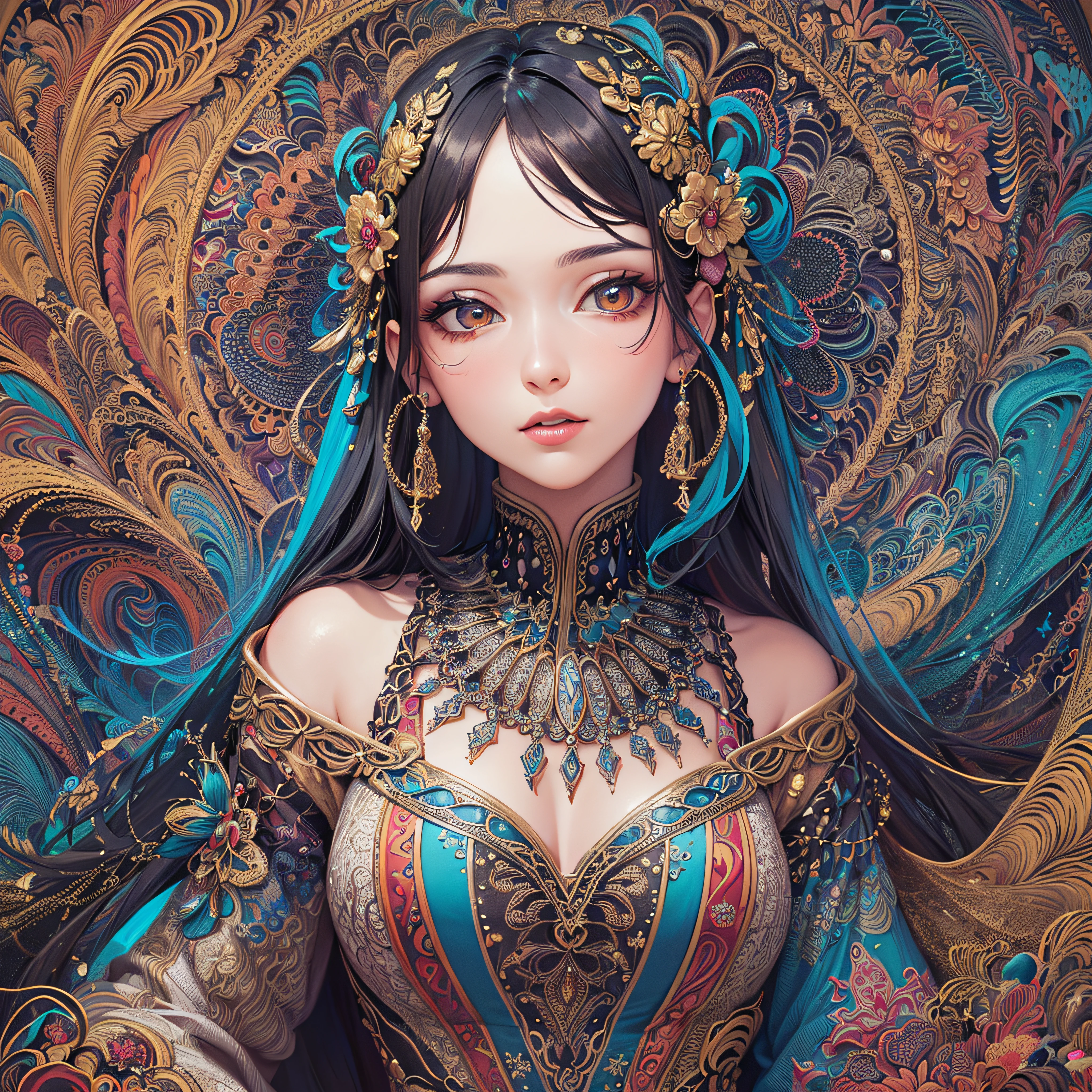 (masterpiece, Highest quality, Highest quality, Official Art, beautifully、aesthetic:1.2), (One girl:1.3), Very detailed,(Fractal Art:1.2),colorful,Most detailed,(Tangled:1.2), (Dynamic pose), (Abstract background:1.5), (treditional dress:1.2), (Shine肌), (Many colors:1.4) One girl,Realistic style with fantasy elements,High resolution,Realistic blue and light black,Charming and realistic characters,Shine肌,Surrealism,Detailed clothing (((Veil,colorful Veil,光の粒子効果のあるVeil,Shine,dress))),beautiful,