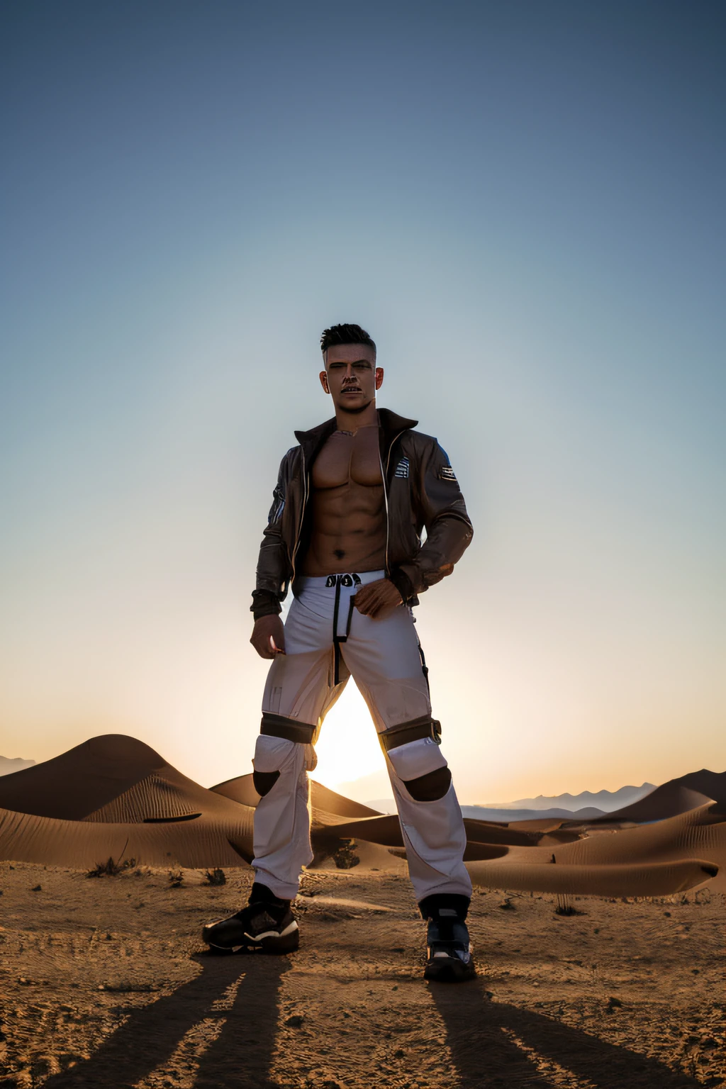 (((2boy))),Realistic, ((Masterpiece)), ((Best quality)), (Detailed), Cinematic, Dynamic lighting, soft shade, Detailed background, Professional photography, Depth of field, Intricate, Detailed face, Subsurface scattering, photo-realistic hair, Realistic eyes, Muscular, Manly, buzz cut,Handsome photo (Latino men), Mecha 4RMOR, Open coat,chest muscle,Abs, Glowing, Dynamic pose, Desert background,stubbles, Pants,The crotch is raised,White leggings sweatpants,the night,Huge lunar crossing,Stand up