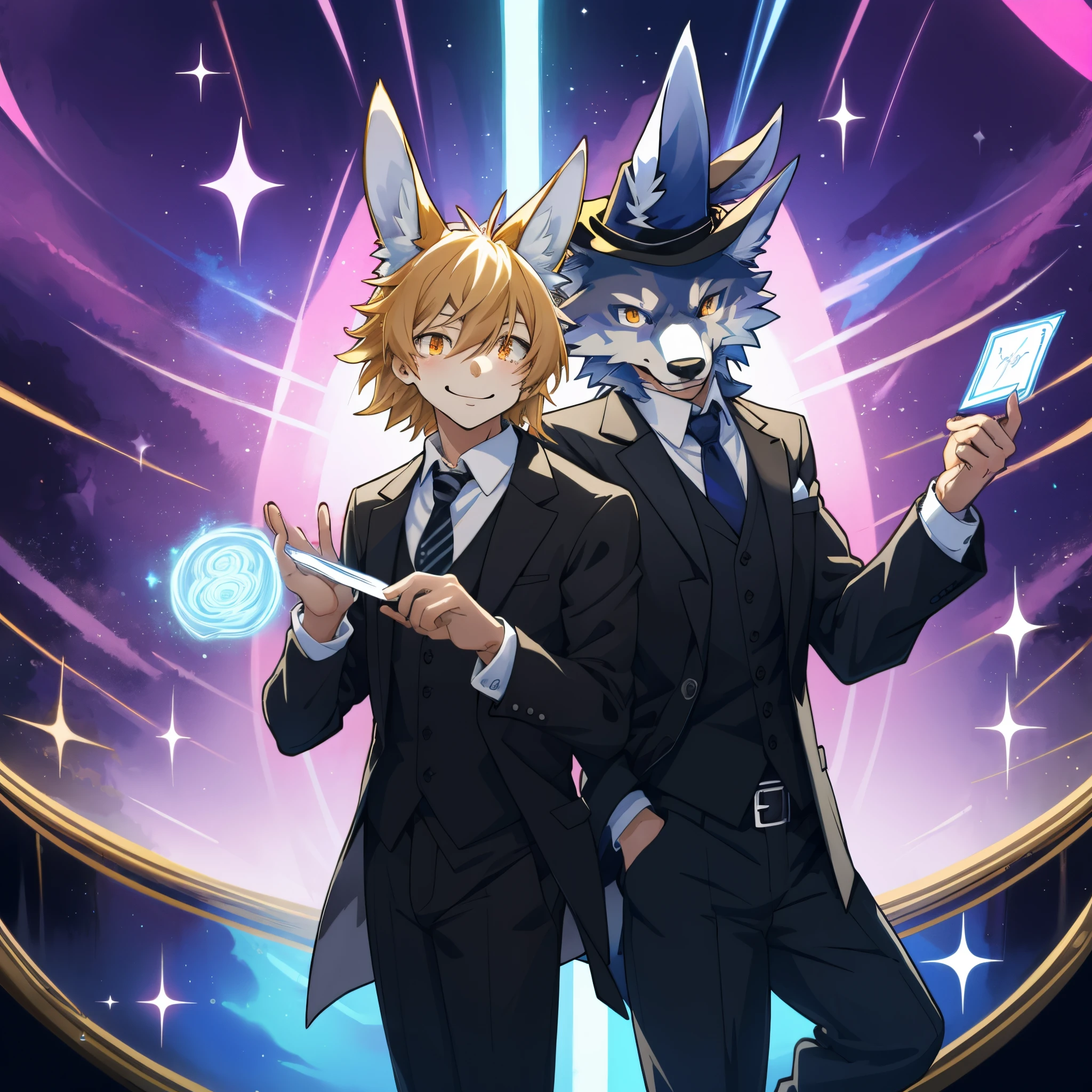 cover page, anime key visual, highres, top quality, best quality, paid reward available, High-quality illustrations, unparalleled masterpiece, perfect artwork, absurdres(pair, magician and assistant)((bunny girl))(((magician 1wolf in suit)))magic on stage, SHOWTIME, sparkle, smile, perfect anatomy, fan-created work shared on platforms Pixiv or Twitter, cinematic lighting, dynamic angle,
