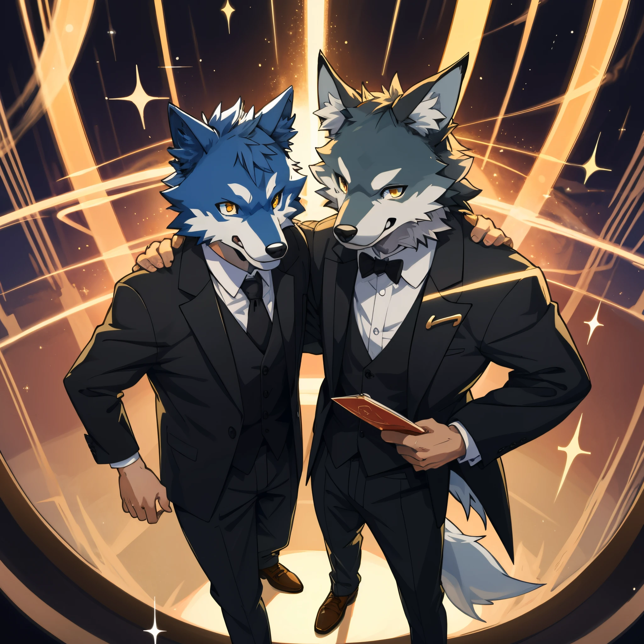cover page, anime key visual, highres, top quality, best quality, paid reward available, High-quality illustrations, unparalleled masterpiece, perfect artwork, absurdres(pair, magician and assistant)((bunny girl))(((magician 1wolf in suit)))magic on stage, SHOWTIME, sparkle, smile, perfect anatomy, fan-created work shared on platforms Pixiv or Twitter, cinematic lighting, dynamic angle,