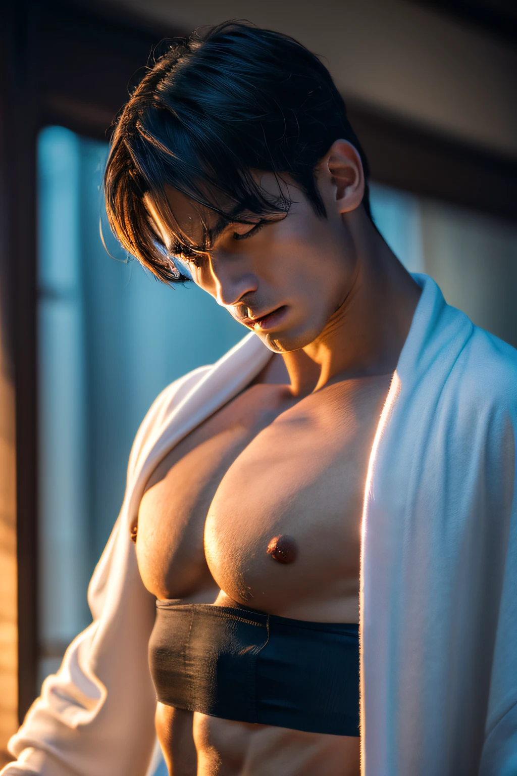 (8K, RAW photo, Highest quality),Realistic,1 asian man,frontage，Intricate details,Closed mouth,Extremely detailed eyes and eyelashes，Delicate headgear，Muscular male,Manly,looks away,Male focus,Solo,Open the transparent robe，Exposing the pectoral muscles，Exposing abs，Black thong panties，white short socks，No shoes，full bodyesbian,Night sky,Soft lighting,Cinematic lighting,Portrait,Close-up,Lovingly