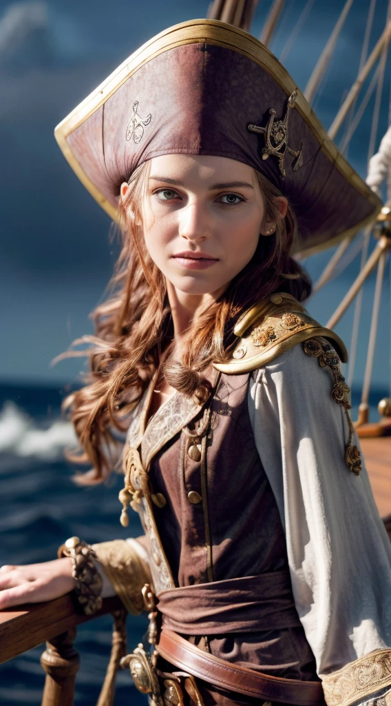 (masterpiece, best quality, award winning, highres), 1 beautiful female pirate, skinny, tall, pirate hat, intricate pirate clothes, intricate and beautiful design, highly detailed beautiful face, wavy hair, detailed flowing hair, standing at helm on pirate ship, pirate ship, storm, rain, rough sea, detailed background, water splash, extremely CG detail, ultra detail