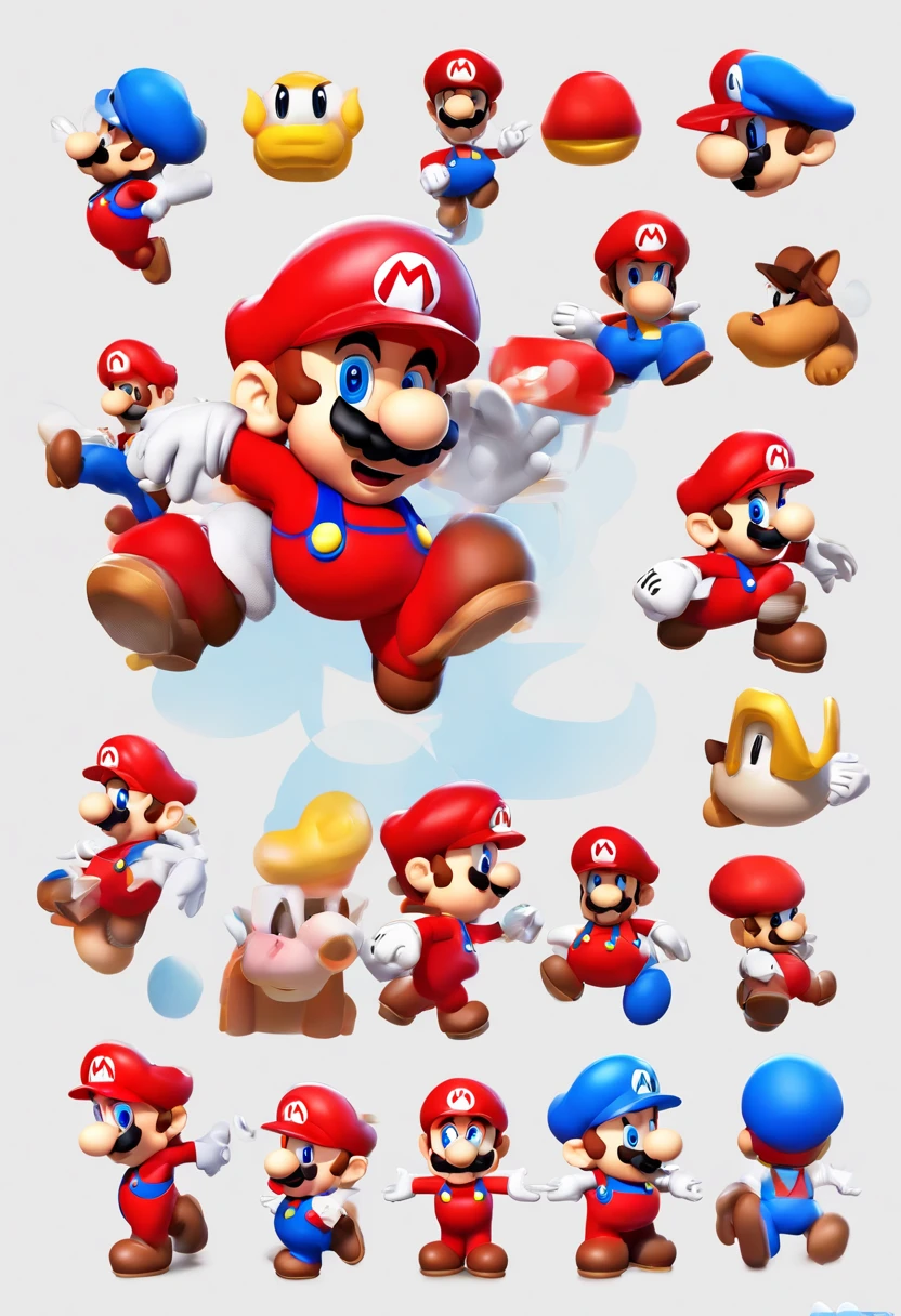 (Mario), Character Design, Nintendo Super Mario, (Blue eyes, Red hat, Red suit, Blue suspenders, White Gloves, )Super cute blind box style, Chibi, Full body, Exaggerated expressions and actions, clean back ground, Bright iridescent highlights, Studio Lighting, Atmospheric lighting, With exquisite texture, high detailing, High resolution, C4D, 。.3D, blender, 8K, Best Quality, Ultra high definition
