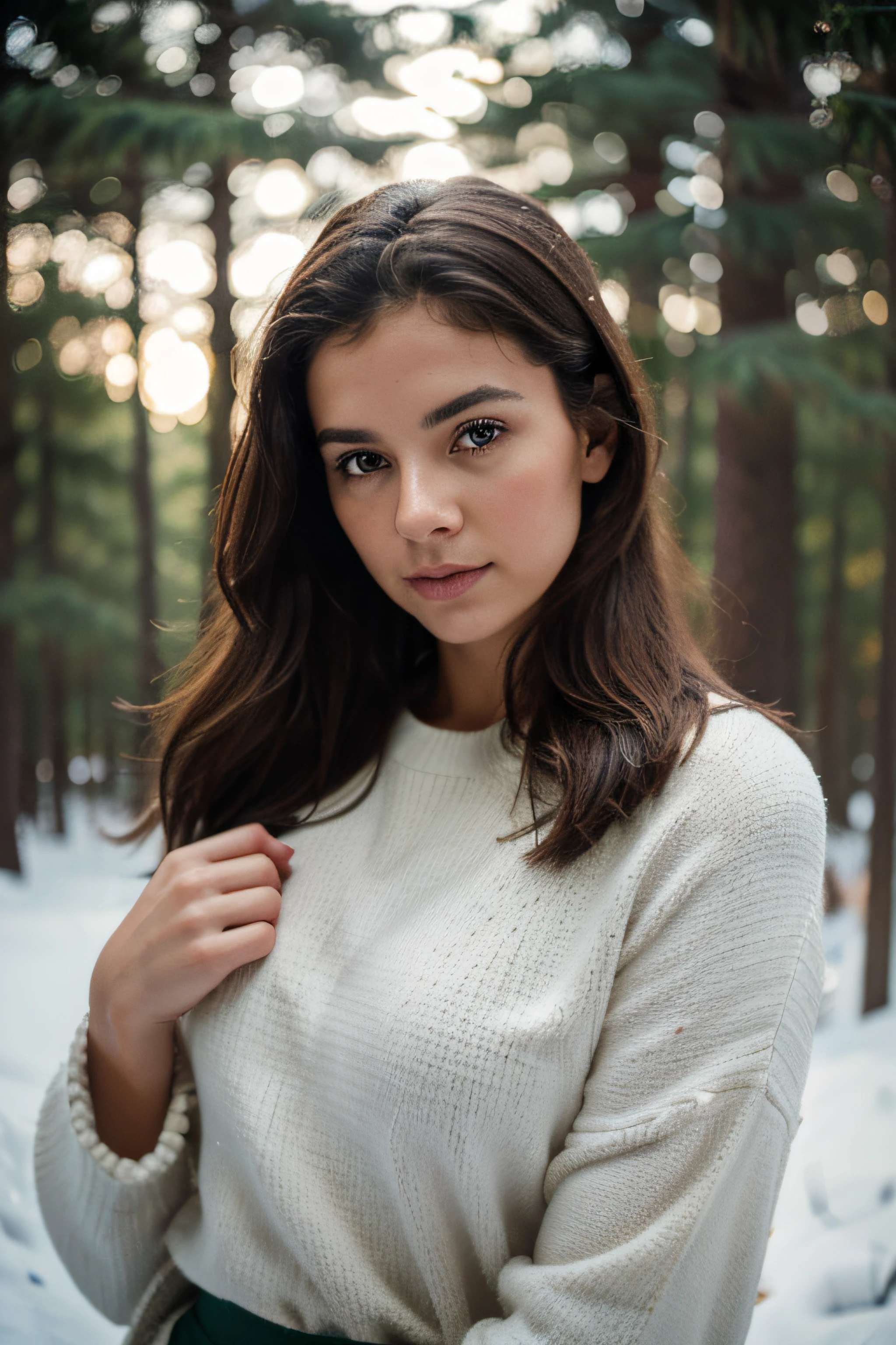 Arms on the sides, portrait, Closeup, look at camera, the best quality, Haut du corps, manteau d'hiver, Woman in the forest, winter, EricaCampbell, Nikon D850 Film Stock Photographie 4 Kodak 400 Appareil photo F1.6 colors rich lenses realistic texture realistic texture natural lighting trending on ArtStation Cinestill 800, (objectif 100 mm), Cheveux longs
