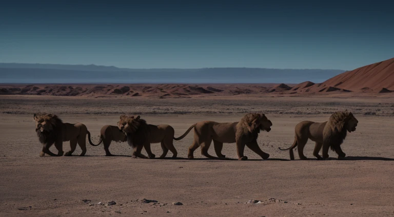 Five lions roaring with their mouths open, corajoso, menacingly, Indo, epics, HDR, hiperdetalhado, cinemactic, cores suaves, BG nebuloso, corpo inteiro, andando no deserto