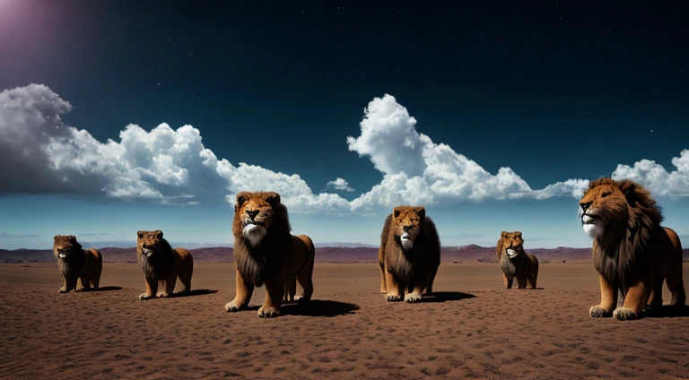 Five lions roaring with their mouths open, corajoso, menacingly, Indo, epics, HDR, hiperdetalhado, cinemactic, cores suaves, BG nebuloso, corpo inteiro, andando no deserto