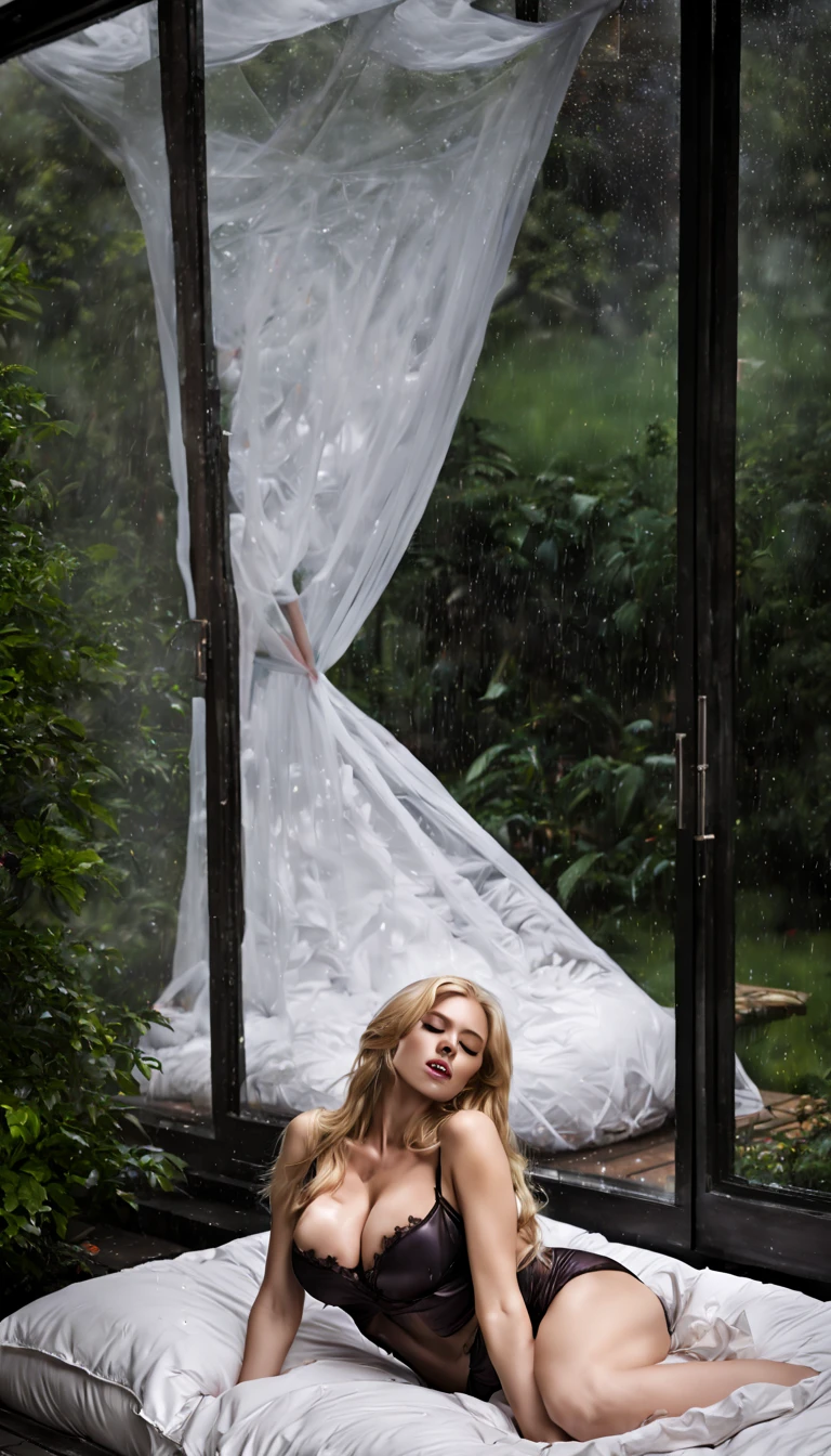 view outside, Dark interior, lying on bed pillow, sleeping girl, Undergarments, Thin duvet, long blonde hair, white skinned, large full breasts, Long leg, wide open glass door, garden in the rain