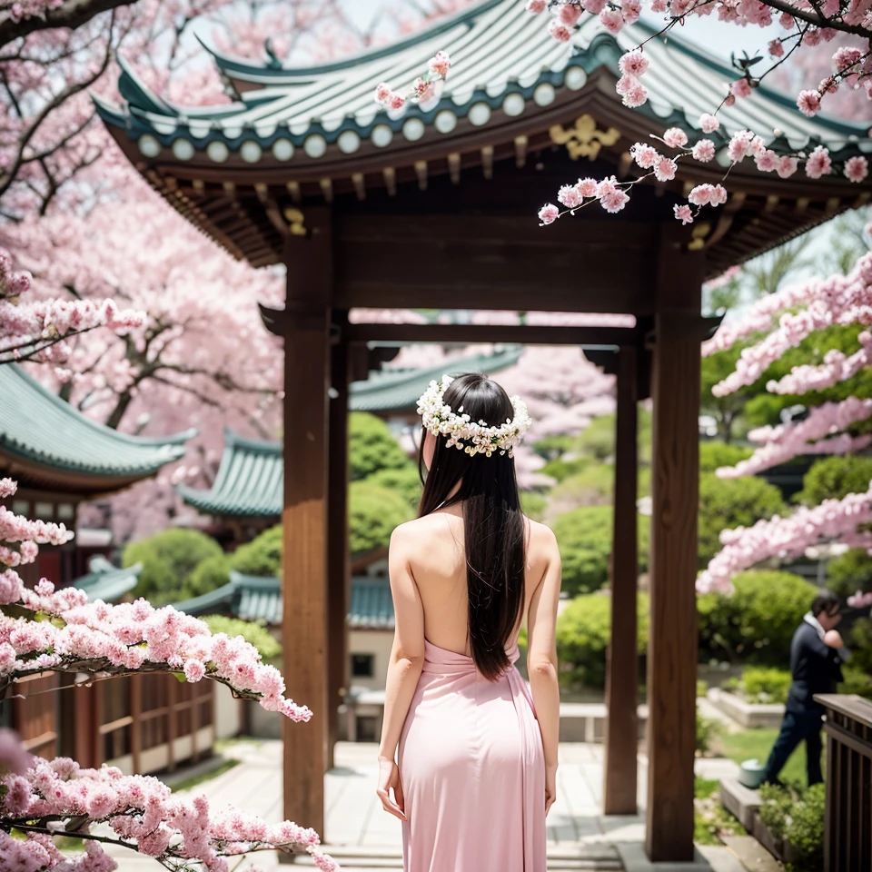 A naked Araffe woman stands under a tree with pink flowers., beautiful and beautiful, Pink Zen Style, Beautiful wallpapers, the most beautiful scene, Ethereal beauty, far, dreamy atmosphere, Dreamy scenes, Eastern fantasy, Very beautiful and ethereal, Get lost in a dream fairy landscape, Beautiful aesthetics, Sakura season, The temple behind her.., Cherry trees in the background