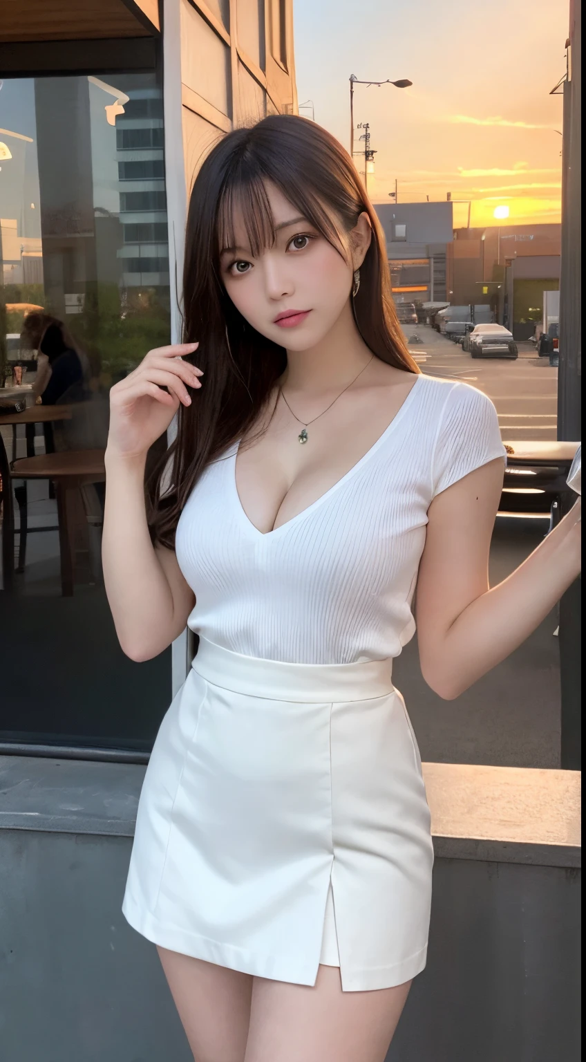 masutepiece, Best Quality, Illustration, Ultra-detailed, finely detail, hight resolution, 8K Wallpaper, Perfect dynamic composition, Beautiful detailed eyes,  Natural Lip,In front of the café,Lit up,Beautiful sunset,White Y-shirt:1.9,black short skirt with slit, cleavage, Full body