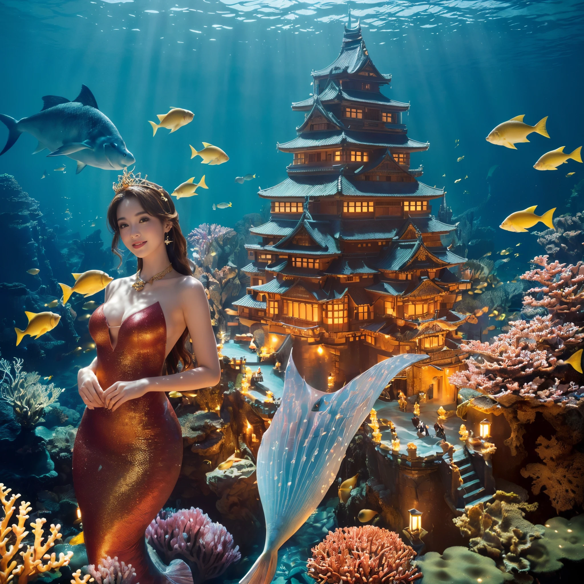 ((top-quality、masutepiece、8K、Top image quality、Highly complex and detailed depictions、super-fine、1 photo、The main character is a person、the castle is in the background.))、((One Little Mermaid、Take a photo from close to the princess、Her face is detailed and clear、A close up photo of her、mermaid princess swimming in the sea、Please take a photo of the mermaid princess'The upper part of the body、huge top quality tiara、huge top quality necklace、The most complex and detailed scales、Mermaid scales、Mermaid's tail、perfect and accurate mermaid princess、The background is a castle in the deep sea、she swims in the sea、There are many beautiful fish swimming around the castle....、Lots of beautiful coral and fish、shining water surface、sunlight shines through the water surface)、((Japanese castle underwater in the background、Incredibly gorgeous underwater castle in the background、A huge underwater castle in the background、The most luxurious and huge underwater castle in the background、Beautiful Niwa lacquered huge castle、With the exterior of Niwa-nuri Castle in the background、luxury tile roof、Gold decoration of Niwa-nuri Castle、Luxurious Japanese castle with red and gold background、Castle glowing red in the background、red lantern lighting、The most glittering and complex castle、castle built at the bottom of the sea)))、(View me、Biggest smile、The happiest smile、Look at viewers、photo of her upper body、Perfectly depict detailed and complex underwater scenes、Detailed depictions of many beautiful sea creatures)