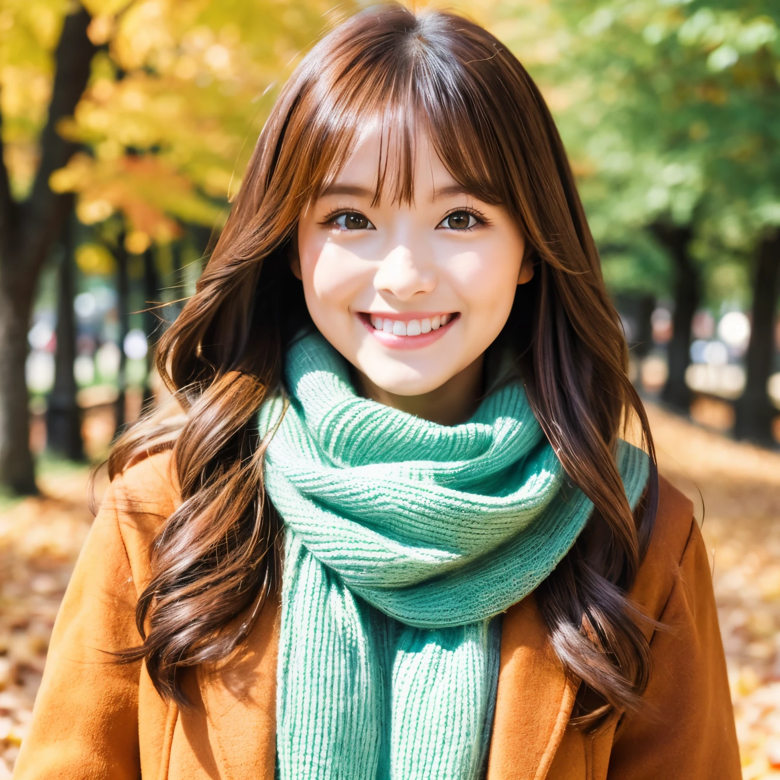 a beauty girl　Amazing smile　Terribly cute　eyes large　Brown hair　straight haired　Fashionable　japanes　Walking in the park　Autumn clothes　Wear bright clothes