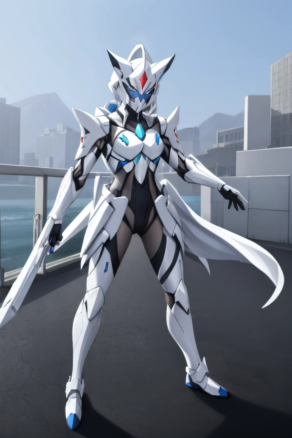 White Mask Suit Gate, Full body, blue eyes compound eyes,Blue line on white body armor ,