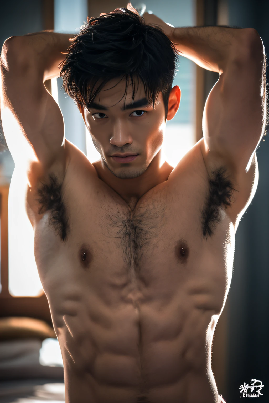 (8K, RAW photo, Highest quality),Realistic,1 asian man,frontage,Intricate details,Closed mouth,Extremely detailed eyes and eyelashes,Delicate headgear,Muscular male,Manly,looks away,Male focus,Solo,Open the transparent robe,Exposing the pectoral muscles,Exposing abs,Black thong panties,white short socks,No shoes,full bodyesbian,Night sky,Soft lighting,Cinematic lighting,Portrait,Close-up, Lovingly More resilient muscles、thick arms、Hairy body、Chest hair、Armpit hairy