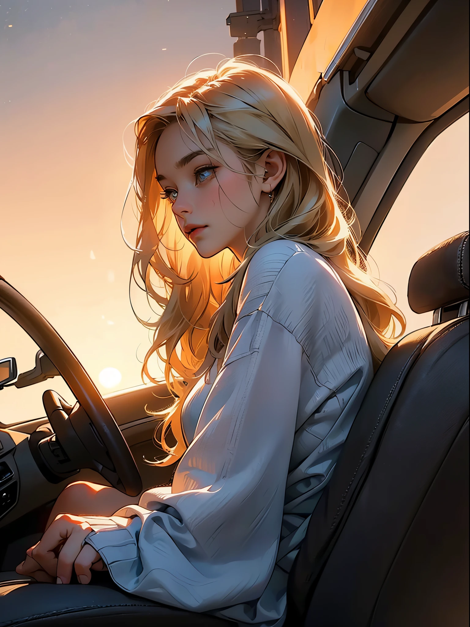 1female, 25 age old, woman looking out the window in a car, passenger seat, ((Side view)), She has long blonde hair, ((high detailed eyes)), New York City, sunsets, cinematic light, beautiful detailed eyes, (Very detailed CG unity 8K wallpaper),