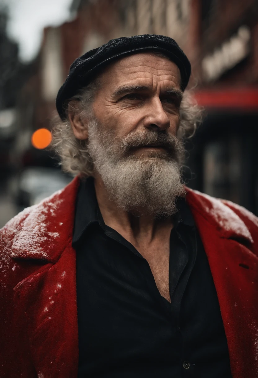 A photo of Bad Santa standing on a dimly lit street, cigarette in hand, lost in thought.,original,His iconic red suit, now disheveled and stained, reflects a life marred by neglect and vice. The once neatly-groomed white beard is unkempt, and his eyes, historically a source of merry twinkle, are bloodshot and weary. The robust and cheerful figure we know is replaced by a more haggard and careworn man, who carries the weight of his struggles visibly.