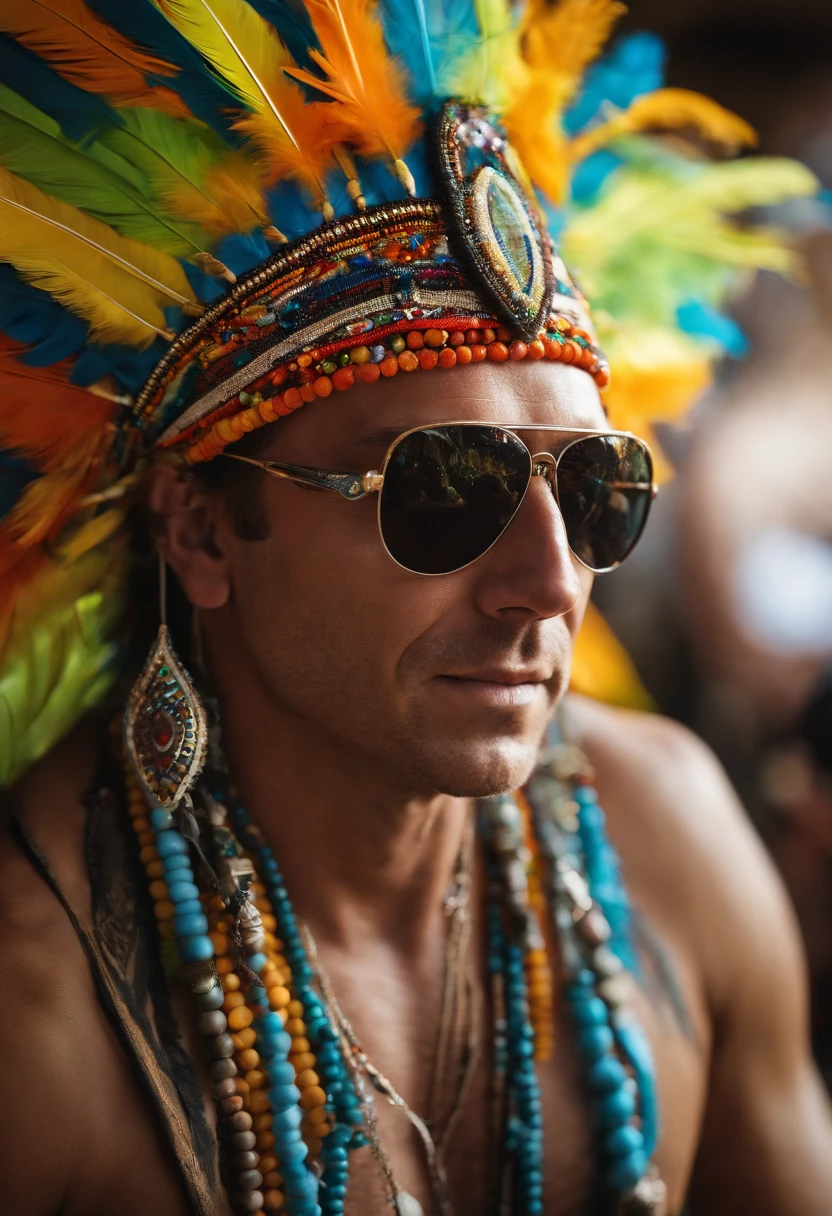 A close-up shot of Tyler handcrafting an intricate feather headdress, surrounded by a colorful array of beads and feathers.,original,Tyler, a die-hard Burning Man enthusiast, is easily recognizable with his eclectic attire, often adorned with neon colors, bandanas, and an assortment of festival wristbands that serve as badges of honor. His hair is typically unkempt, colored in wild hues, complementing his ever-present sunglasses that hint at a life perpetually ready for the Playa.