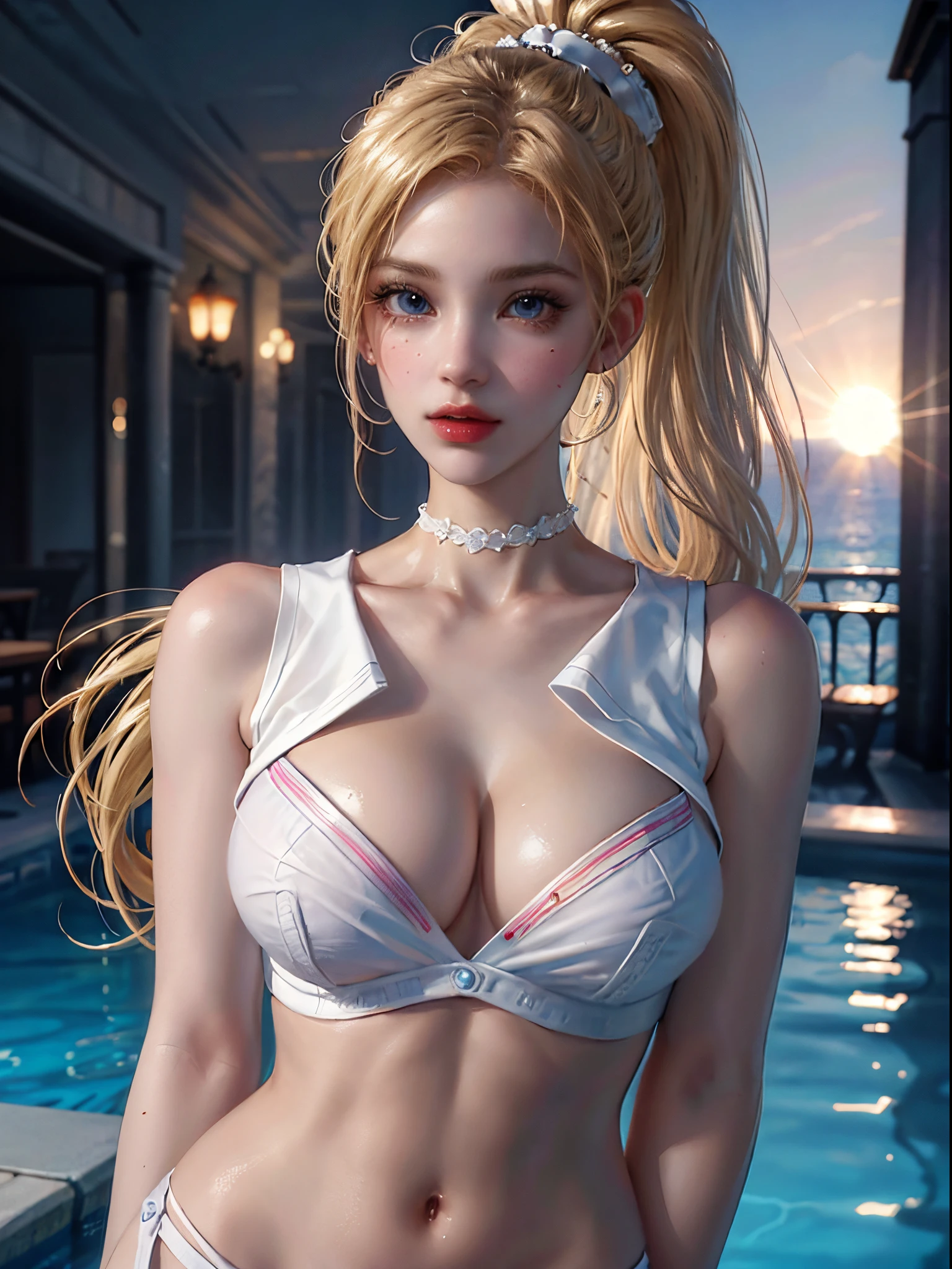 masterpiece, best quality, high quality, High definition, High quality texture, High quality shadow, high detail, beautiful detailed, finely detailed, extremely detailed cg, detailed texture, a realistic representation of the face, realistic, colorful, delicate, Cinematic Light, sidelighting, Lens Flare, Ray tracing, sharp focus, (intricate details, makeup, PureErosFace_V1:0.5), (detailed beautiful delicate face, detailed beautiful delicate eyes, a face of perfect proportion, high detailed skin, detailed skin, best ratio four finger and one thumb, ((upper body shot)), (large breasts), (cleavage), ((Smooth texture, Realistic texture, Photorealistic)), (Detailed beautiful eyes, Beautiful eyelashes, emerald eyes), (((blonde semi long hair, ponytail))), 1 woman, at poolside, (((sailor shirt, Sleeveless, Open front))), (Beautiful face, Cute face, Detailed face), (((Sunny))), Perfect Eyes Eyes