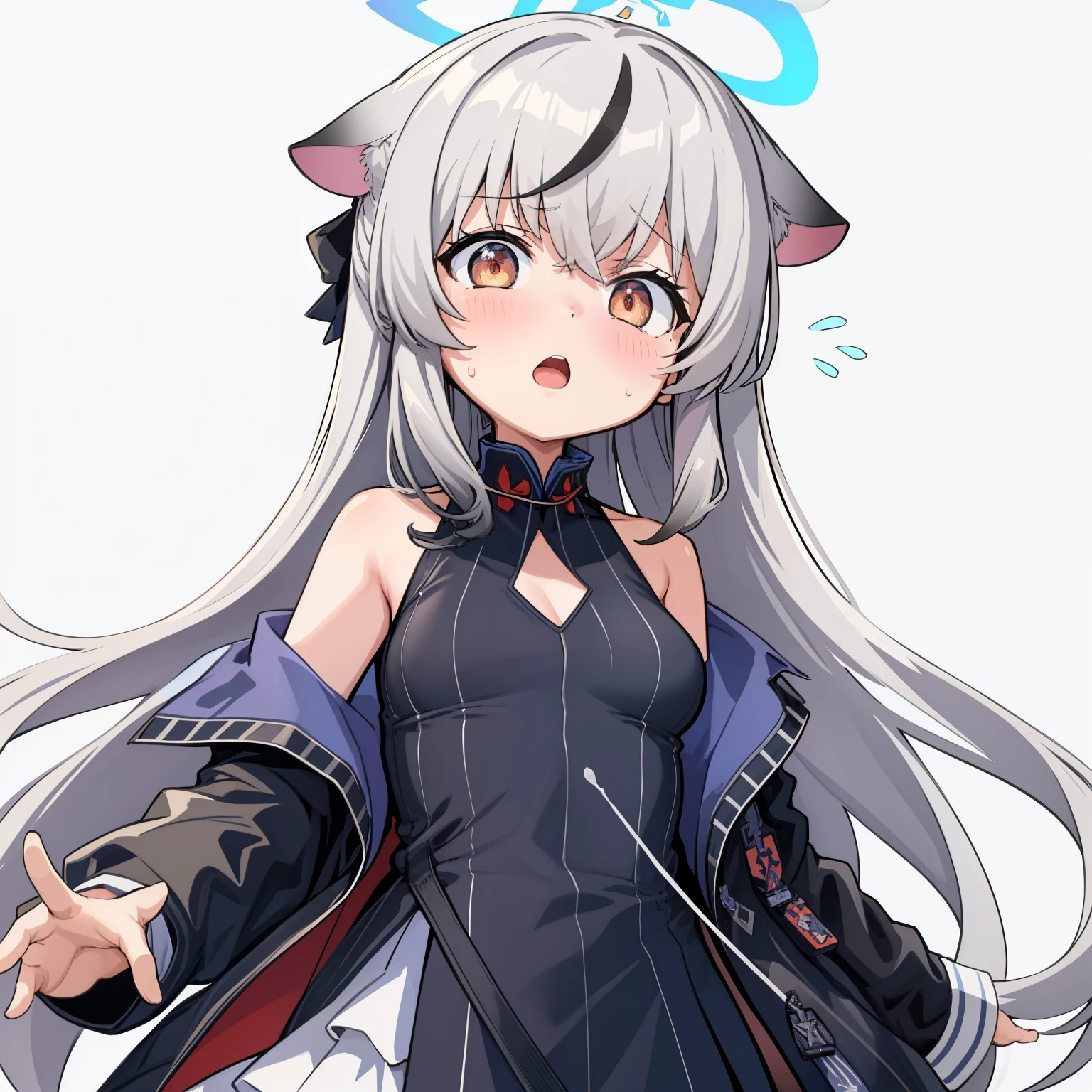 masterpiece, best quality, ultra-detailed, illustration,1girl, black dress, black jacket, blush, breasts, clothing cutout, dress, flying sweatdrops, halo,  jacket, kokona, long sleeves, looking at viewer, open mouth, simple background, solo, upper body, white background