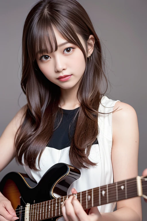 (8K, Raw photo:1.2),Detailed face and eyes,Best Quality, 超A high resolution, Highly detailed ,intricate detailes ,masutepiece ,Cute Girl , Soft cinematic light, Hyper-detailing, High quality,A dark-haired, bob cuts, NSFW,Wearing a dress、(holding an electric guitar)、White background、full body Esbian