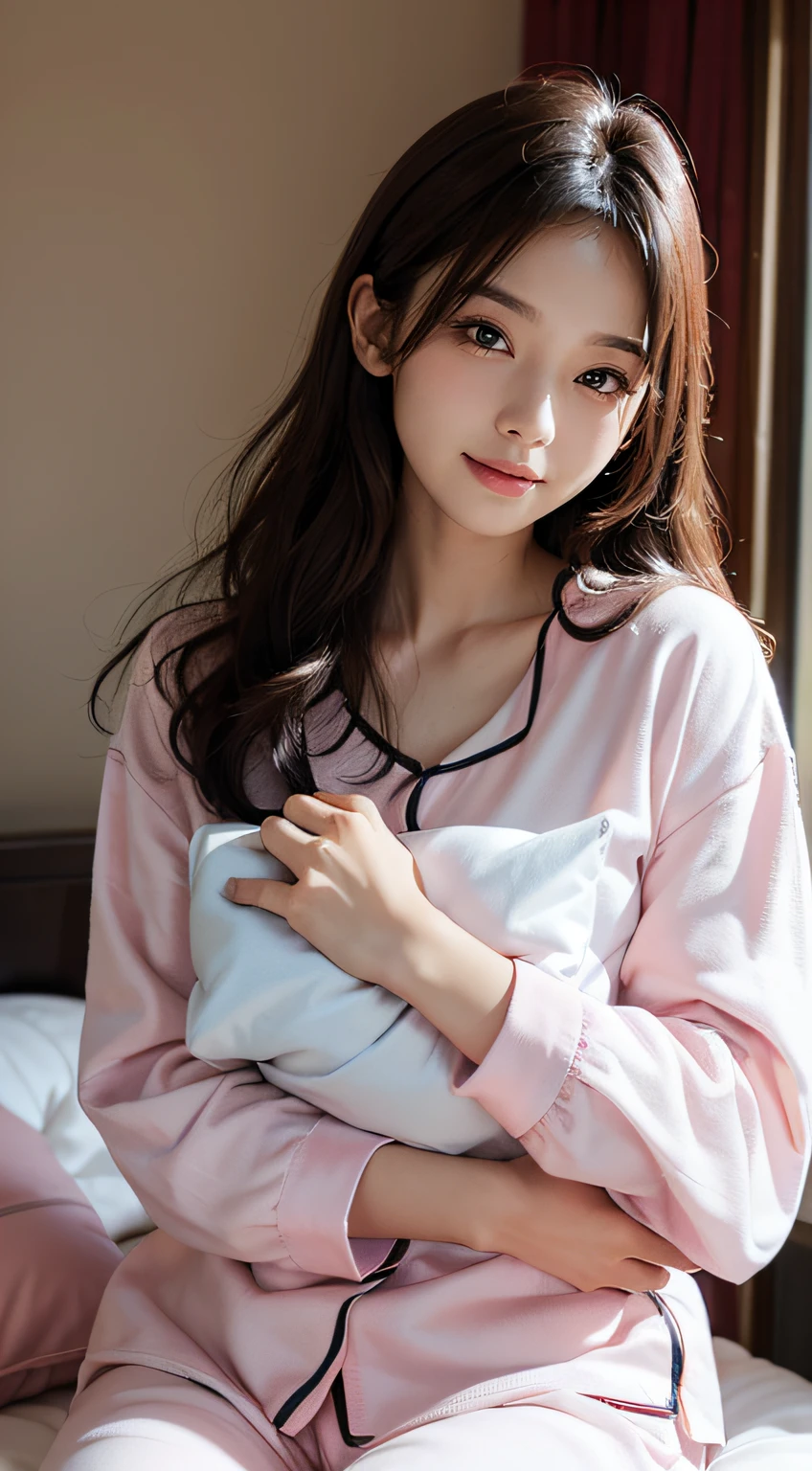 Wearing cute pink pajamas、holding a pillow in hand、hold out your hand and pull me.、She looks happy when she sees this、Detailed eyes, Beautiful lips, and detailed face, Natural lighting,, Questioning look, next to the bed in the bedroom、 18 years old, high quality photograph,