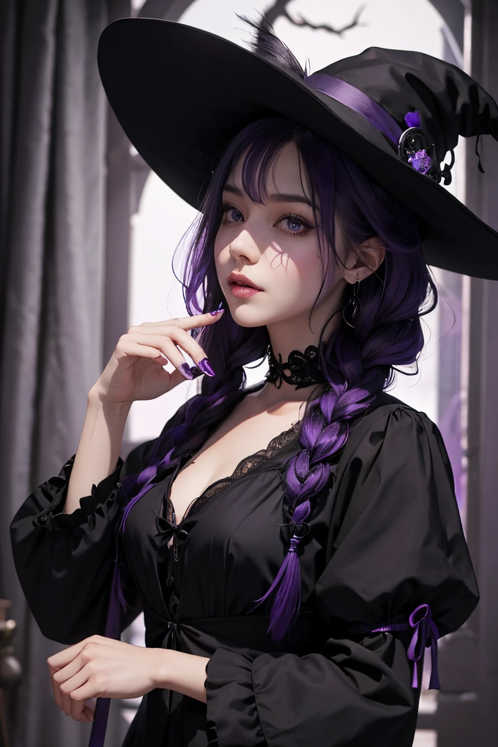 The witch,black and violet hair,4 braid hair style,violet eye,black and violet sexy costume