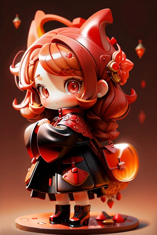plastic an, 1girl in, Chibi, amber, , medium red, luxury fabrics, dithering, Far-reaching,Looking at Viewer,
