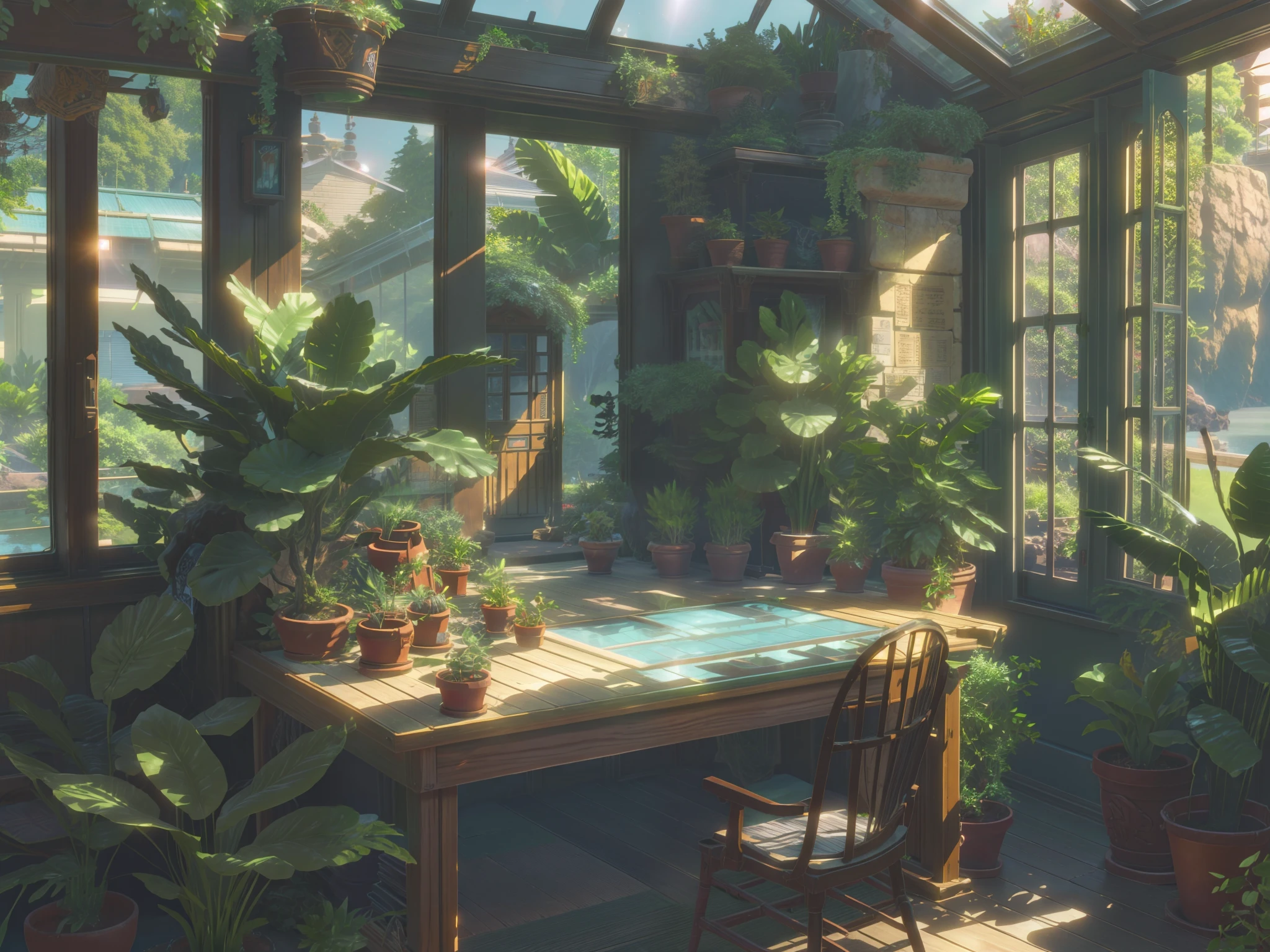 conservatory, There is a work table and a water pine board, GUNPLA, Lots of plants, Sun exposure, New sea city animation style