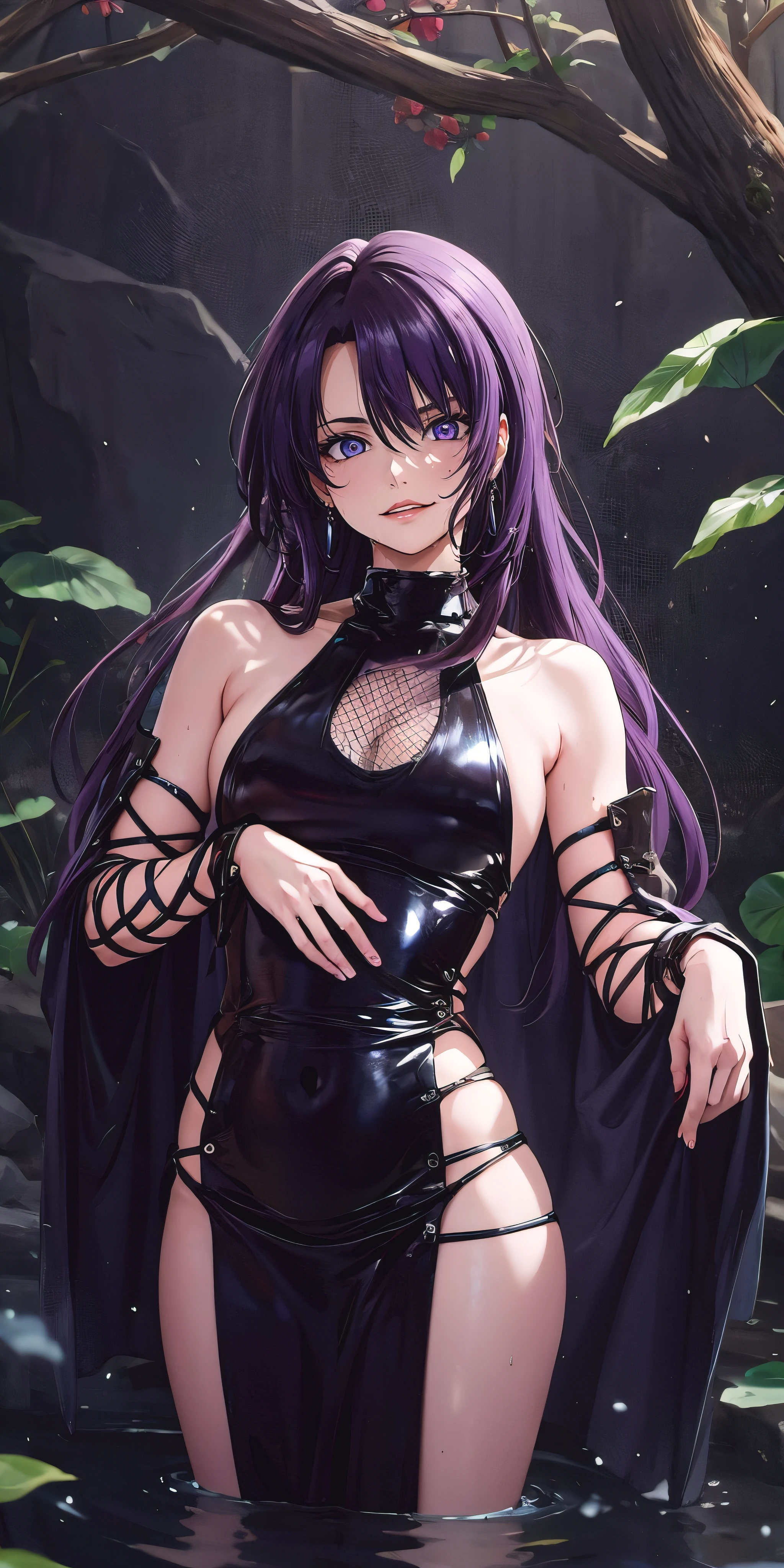 anatomically correct, best quality, masterpiece, high quality, high details, highres, HD, (shaded face:1.2), hollow eyes, purple eyes, looking at viewer, heavy breathing, smirk, upper teeth, purple hair, long hair, latex dress, sideless outfit, arm guards, latex thighihighs, fishnets, cross-laced clothes, sweating, wet, a woman is standing in the water, a character portrait, pixiv contest winner, anime portrait of a handsome girl, official fanart behance hd, wearing a grey robe, chinese painting style