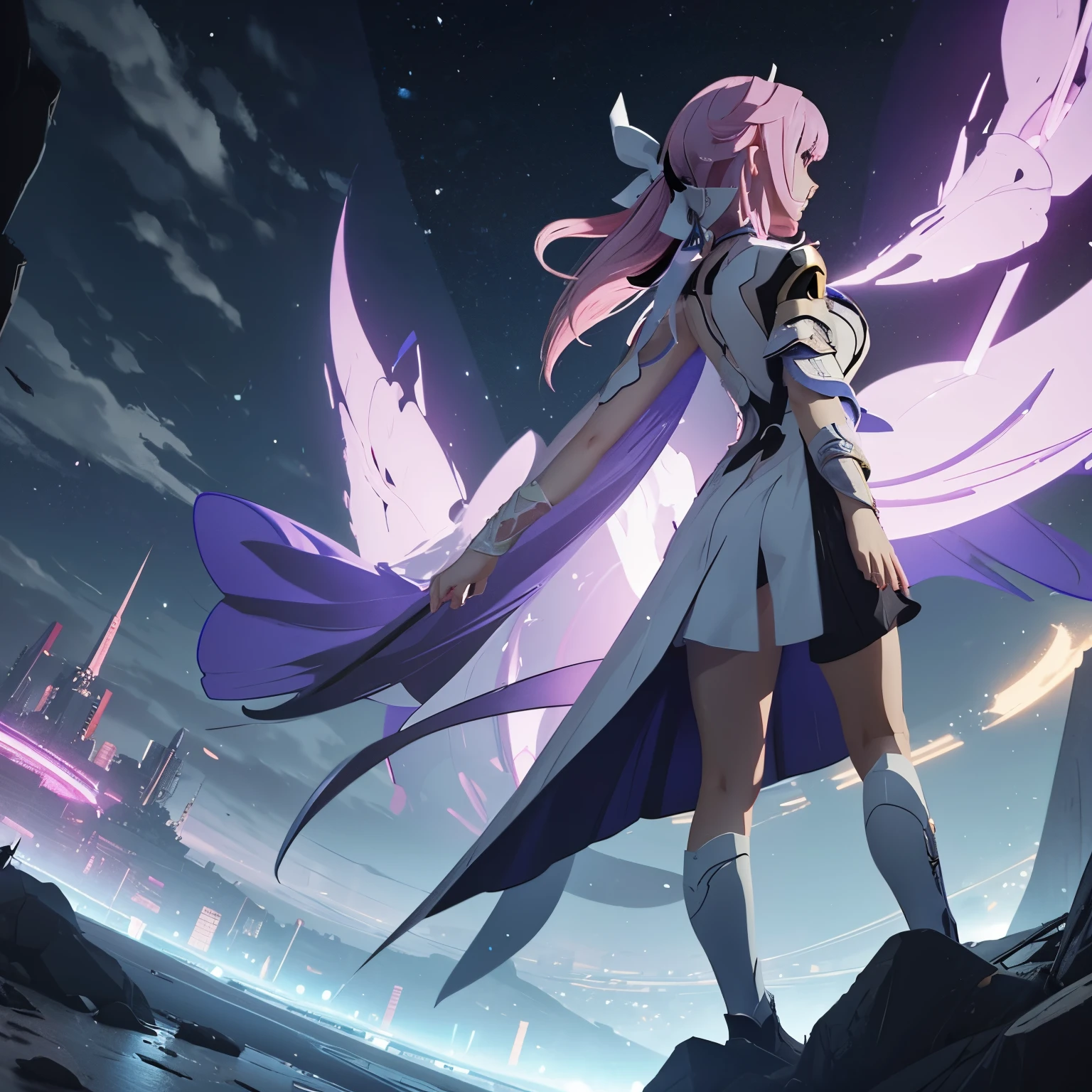 Create an AI-generated image of Elysia from Honkai Impact 3 in a futuristic outfit