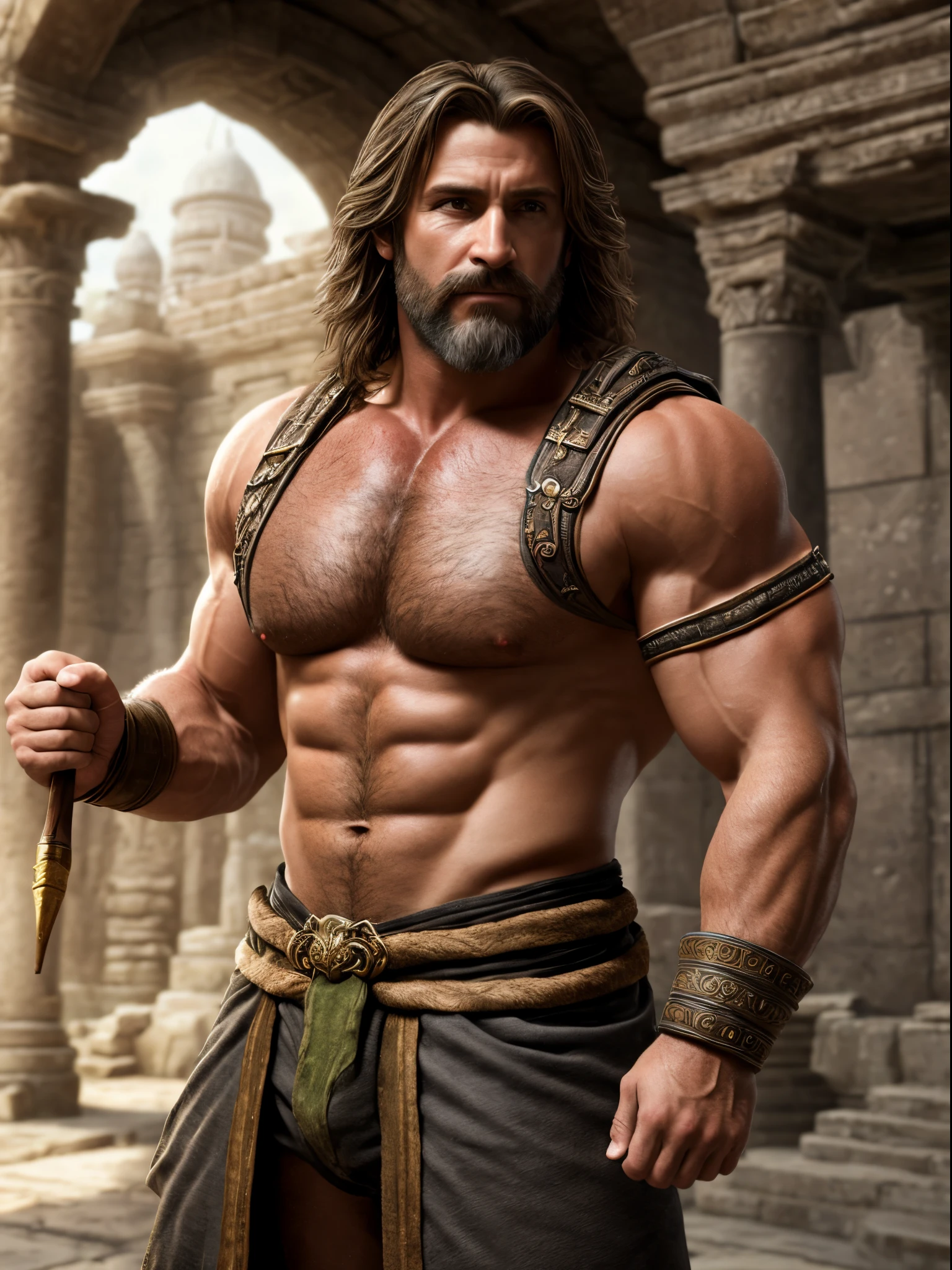 (Masterpiece) A very detailed, intricate, epic fantasy, colorful, full body, slight angle, man, 40 years old, hunk, hulking, brawny, ankle wraps, very hairy chest, very masculine, handsome and attractive man, dynamic action poses, skimpy revealing outfit, receding hairline, smirk, mercenary, blades, big ancient city gates, pointing away, depth of field, particle effects, high quality shadows