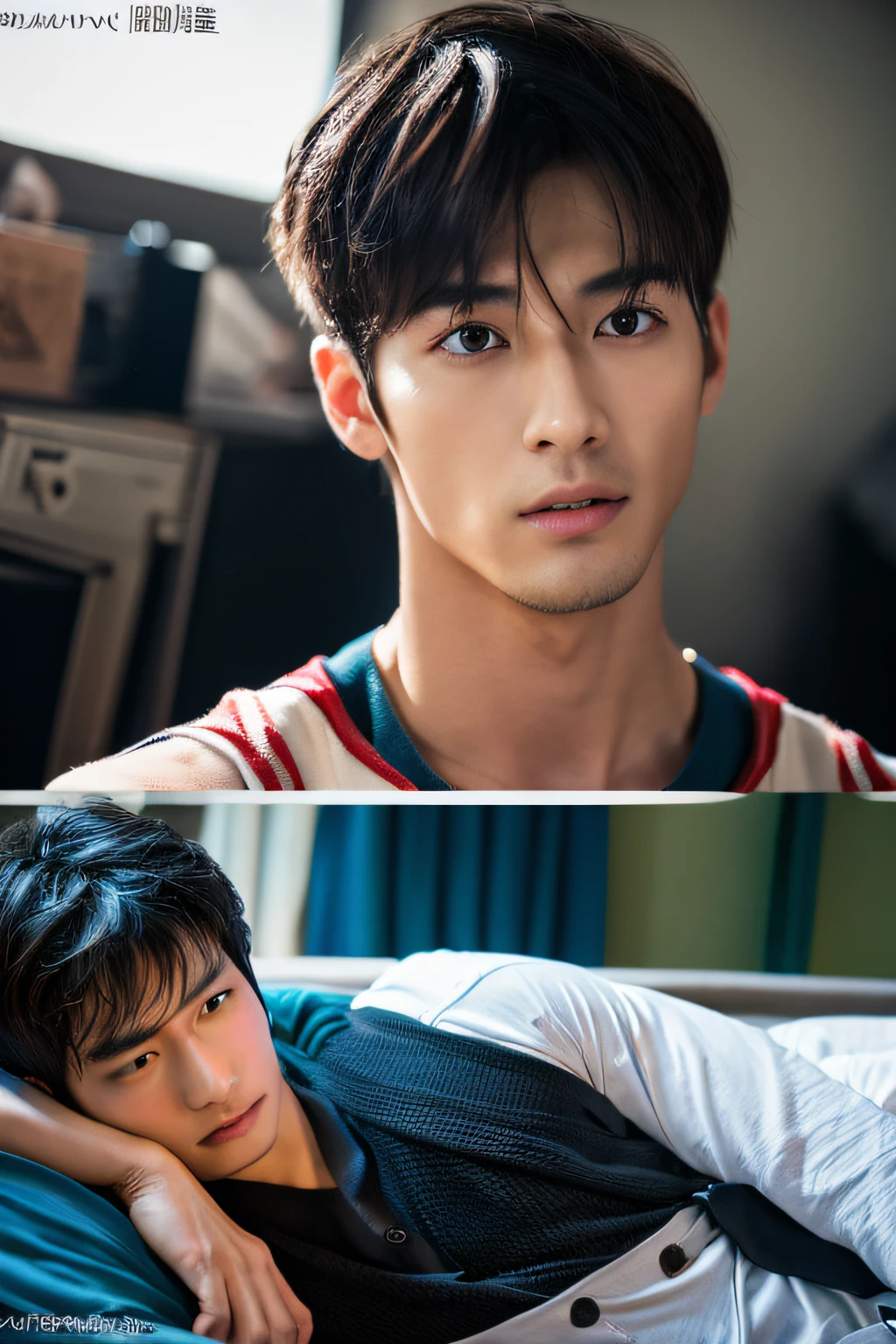 top-quality、masterpiece、超A high resolution、(realisitic:1.4)、详细的脸、独奏、1human male、The upper part of the body、Dark hair、glistning skin、dense skin、(asian human)、architectural、(absurderes、hight resolution、ultra-detailliert)、、1 male、Adults、(20-year-old man)、a handsome、tall muscular man、broad shoulder、extra very short hair、angular jaws、thick neck、thick eyebrow、extra very short hair、A dark-haired、fine eyes and detailed face、 Highly detailed CG Unity 8K wallpapers、intricate-detail、(Style Swirl Magic:0.7)、looking at the spectator、独奏、(full body Esbian:0.6)、细致背景、A detailed face、dynamicposes、、Urban background、dynamic compositions、 big muscle、、((Crotch bulge))、a handsome、 ((masutepiece:1.4, Best Quality)), ((masutepiece, Best Quality)), (photographrealistic:1.4)、sprawl、From above、irate、a bed、Rough breath、Sexual facial expressions、Lying down、male people、japanese male、On the screen of the smartphone camera app frame、((((Asian Men))))