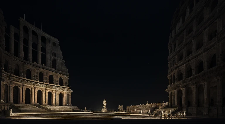 Coliseu, luta, lions; covil rugindo com a boca aberta, Bible, Daniel in the Lion's Den, corajoso, menacingly, Indo, epics, HDR, hiperdetalhado, cinemactic, cores suaves, BG nebuloso, corpo inteiro, andando no deserto