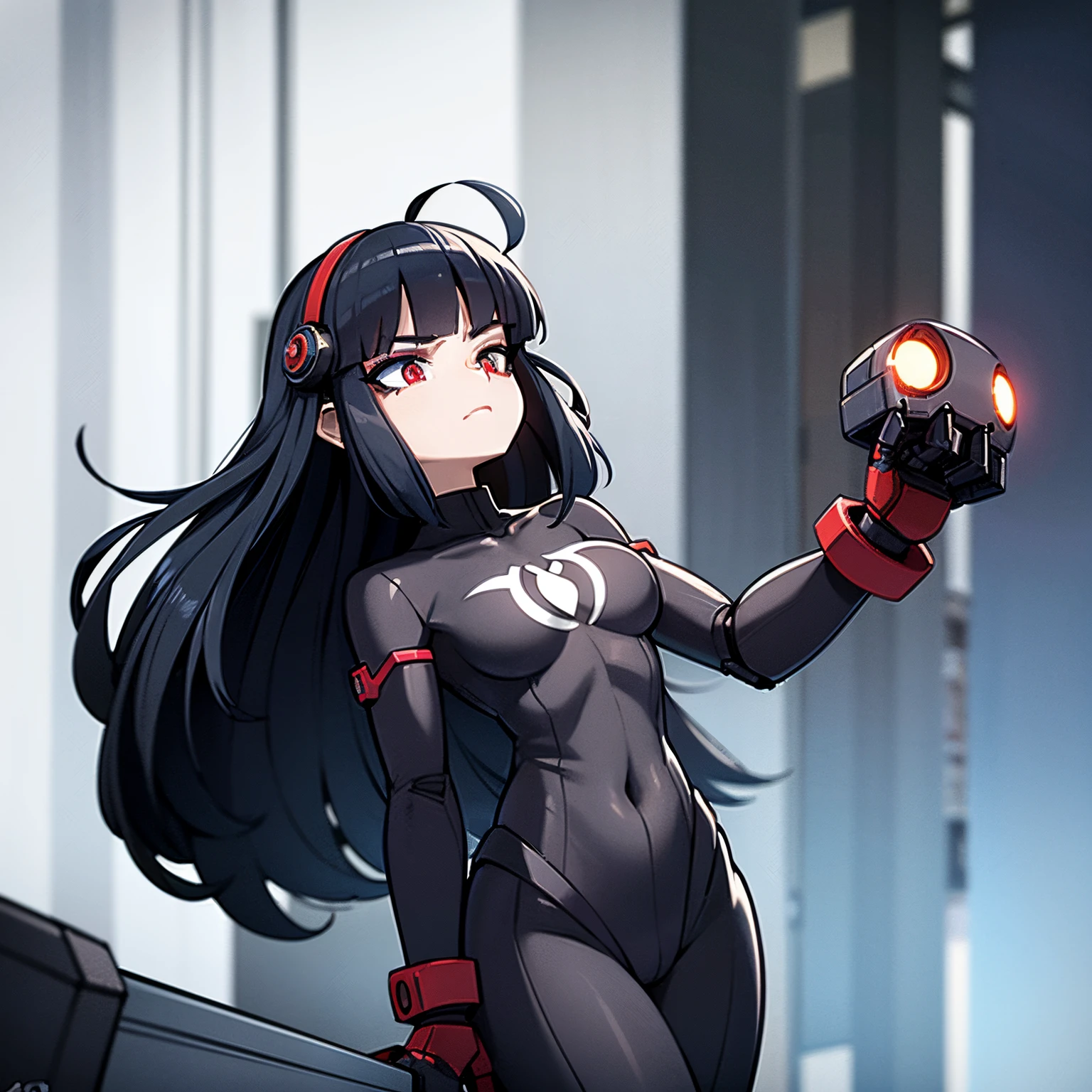 Young woman, dark blue hair, red eyes, goth girl, wearing black benet, mecha girl, robot girl, floating in air, robotic woman, metal in body, black iron, on a laboratory, 4k, masterpiece, HD, anime 2D