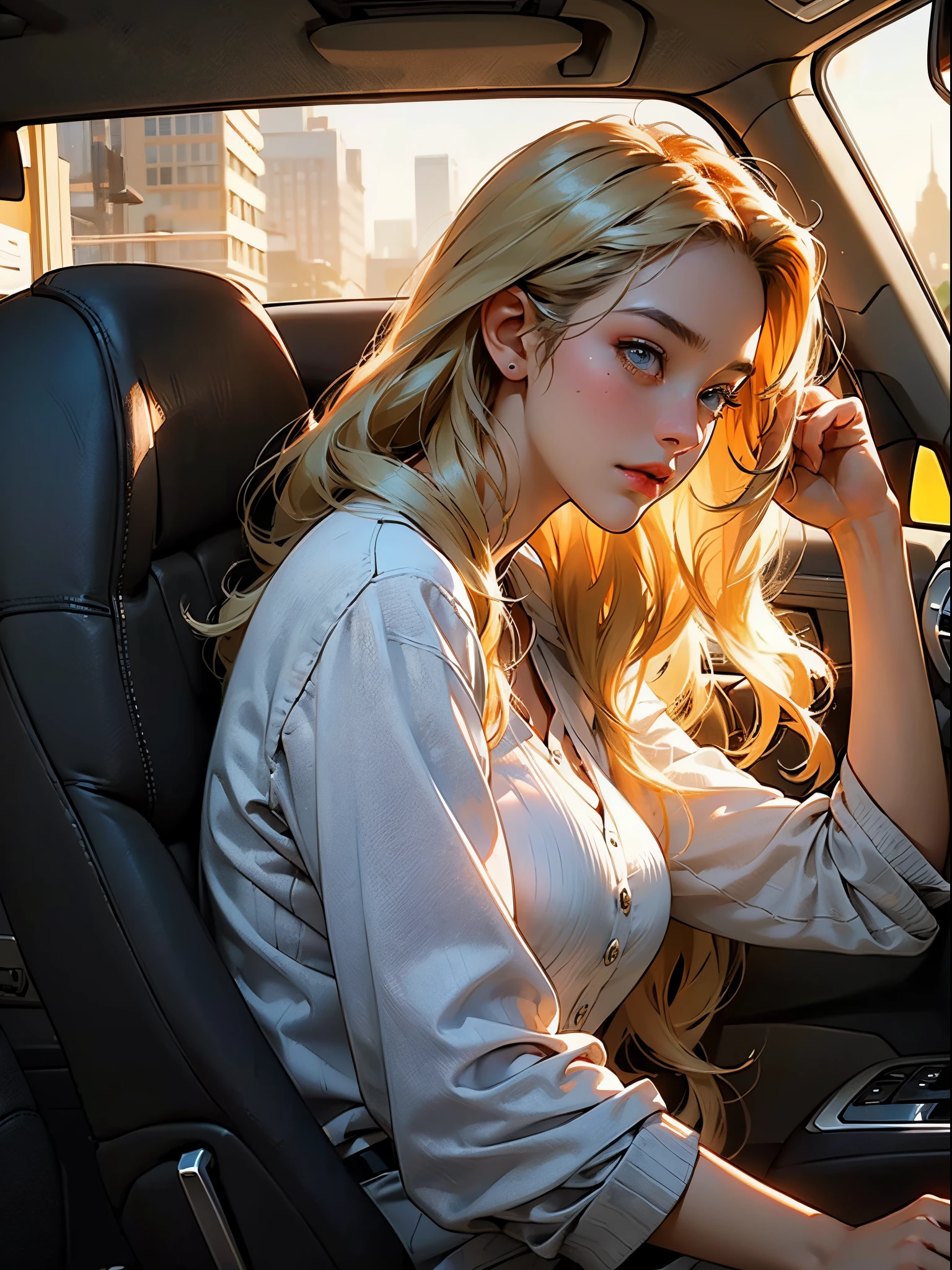 1female, 25 age old, woman looking out the window in a car, passenger seat, ((Side view)), She has long blonde hair, ((high detailed eyes)), New York City, sunsets, cinematic light, beautiful detailed eyes, (Very detailed CG unity 8K wallpaper),