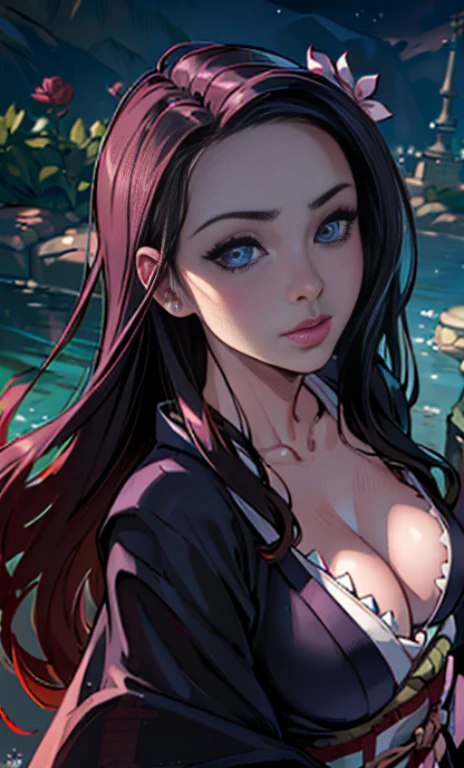 (((premier quality: 1.4))),(Unparalleled masterpiece), (ultra high def),(ultra-realistic 8k CG), Masterpiece, (Kimono rose), seductive face, good lighting, clivage, fine detail, Masterpiece, Des yeux brillants, 1fille, cheveux noirs, succion, Nezuko Kamado, Contexte de glycine, Masterpiece, Best quality, POV,,