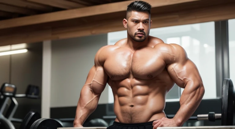 (Very detailed 8k wallpaper), Strong Asian Men, At the gym, high detailing, buzzcut, very large and strong body, bulging muscles, well-muscled, very large pectoral muscles. Very sexy abs, legs are muscular, Toned figure, lightens oily skin, muscular, Tank top, T-shirt, longshot, Wide Shot