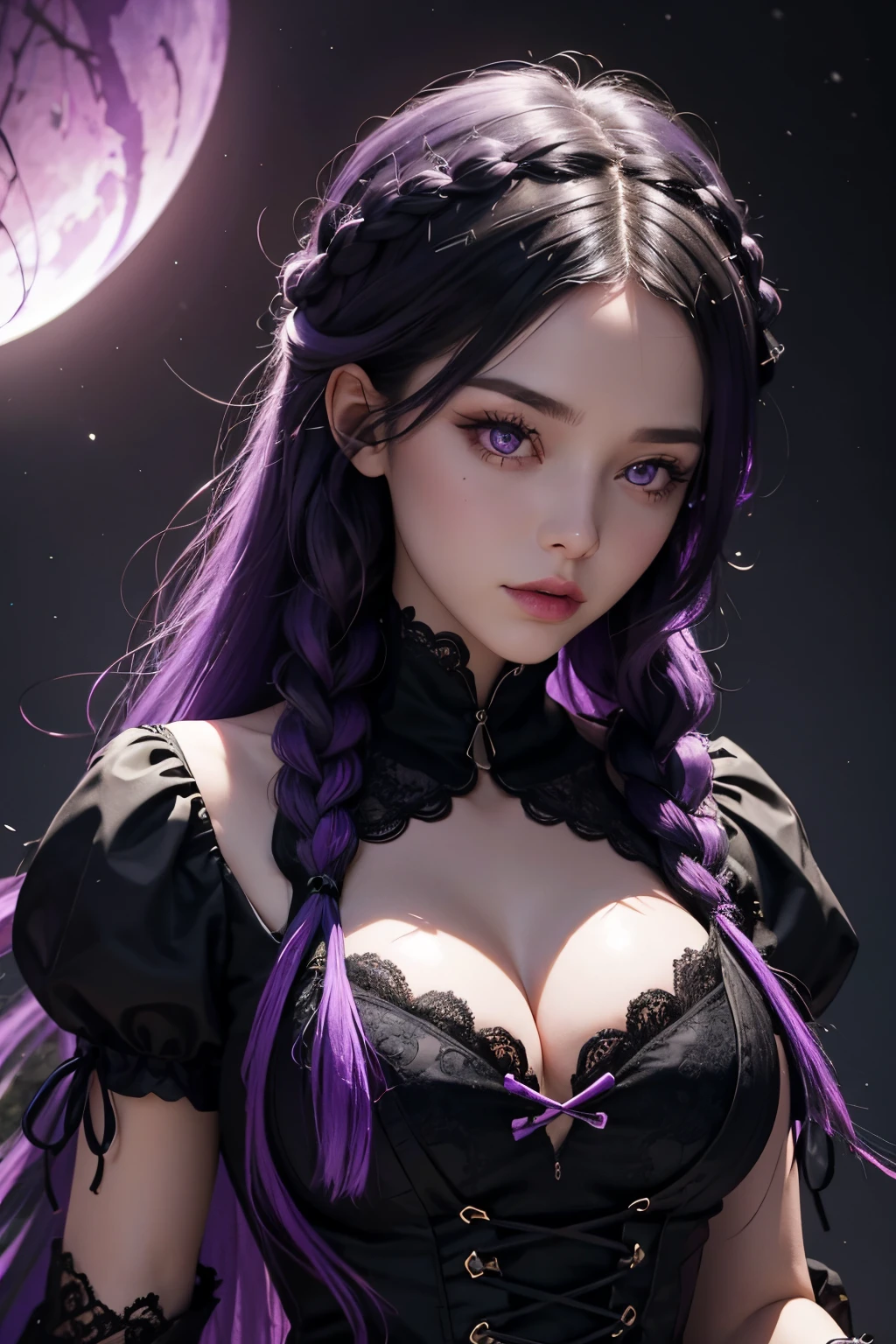 The witch,black and violet hair,4 braid hair style,violet eye,black and violet sexy costume