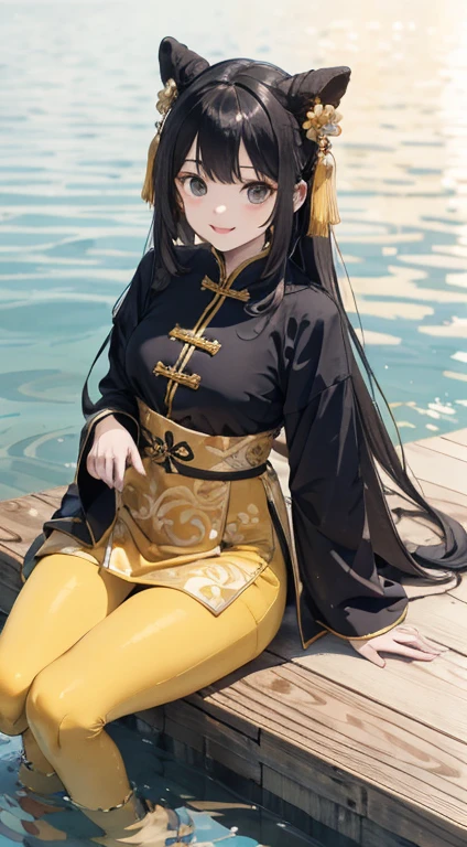 Hoang Lap,8K High Resolution,Ultra - detallado,(1girll:1.3),pintado a mano,simple lines,16 year old girl dressed in golden yellow Chinese clothing and black pantyhose,Chica beuaty,En el estanque de lotos,tmasterpiece,Sit on a plank floating in the water,cabello flotante,Mirando hacia el espectador,smil,posed for photo,