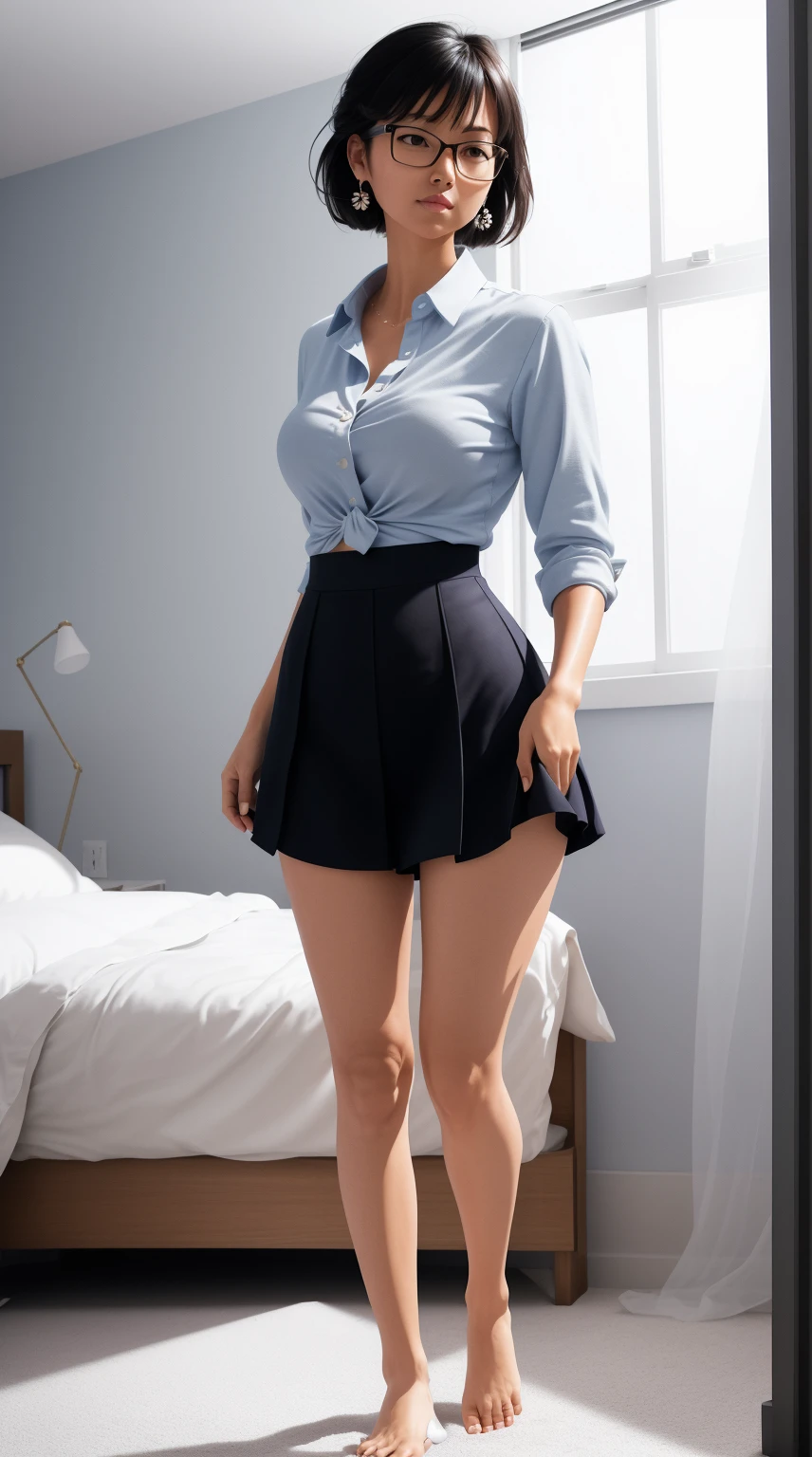 SFW: full body, barefoot, masterpiece, a beautiful woman, fantasy bedroom background), (tight open business shirt), (very short skirt), (stockings), glasses, (pettitte breasts)(cover breast), perfect body, CLEAN hair, hair tied in a loose bun, legs, (skin texture:1.1), best quality, ultra high res, (photorealistic: 1.4), Raw photo, TIED HANDS AND LEGS TO THE BED, bedroom background