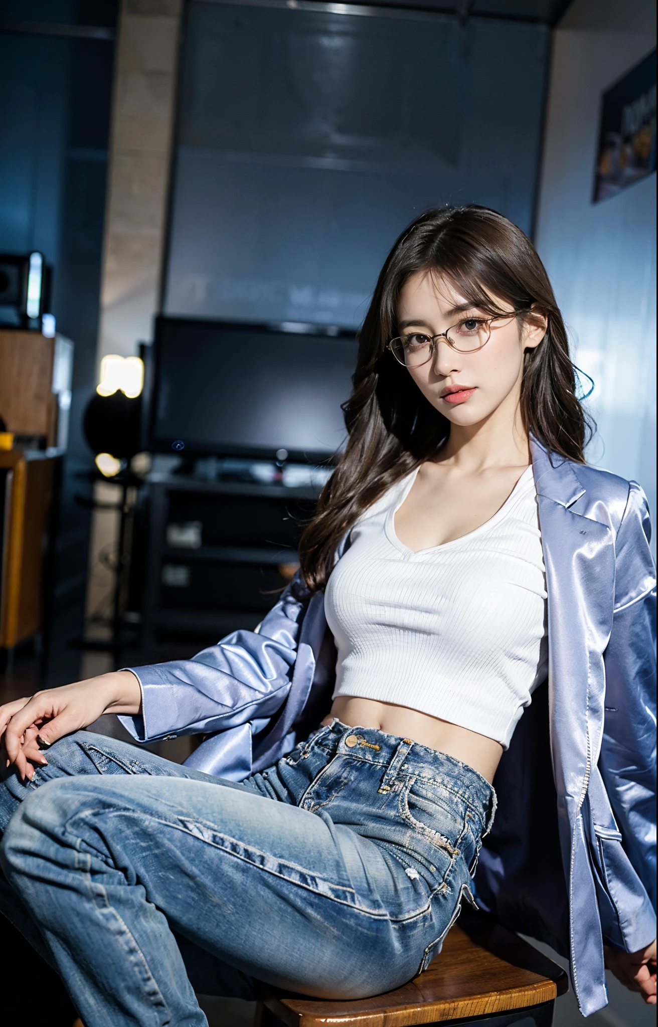 (​masterpiece, high resolucion, Better Quality) 8K, background room, 30 years, Sexy, tits huge, large full breasts, better chest, Huge nipples, big thighs, better legs, huge buttocks, Better hand, Better Eyes, Brown eyes, better hair, Long hair, White hair, a small nose, better nose, Glasses, sky blue jacket, top jacket, better jacket, JINS, better jeans