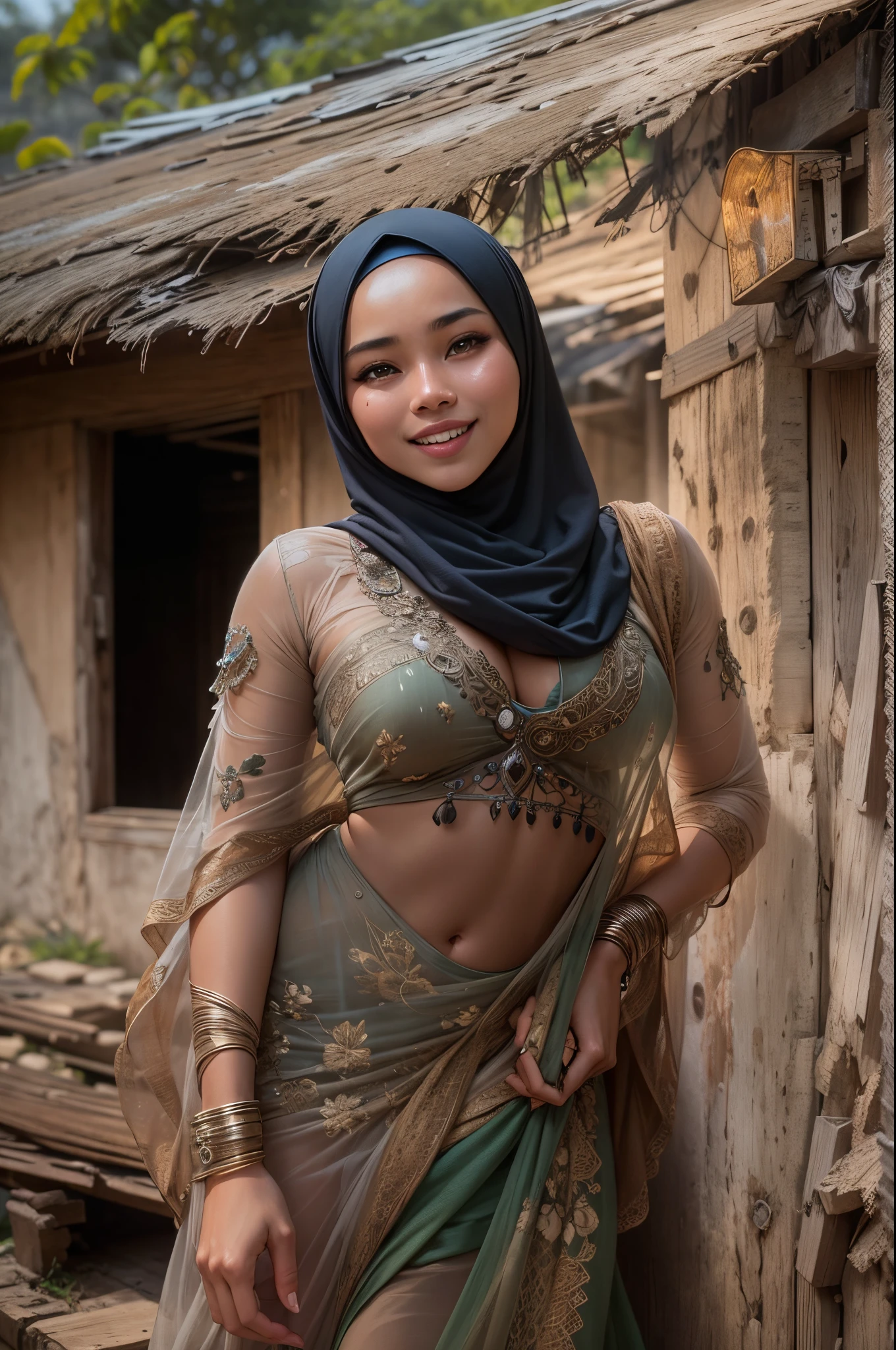 full body shot of sexy smiling hijabi (abbie_cornish:0.6) indonesian daughter wearing a see-through saree in a rustic village,open shirt,face incredibly detailed, lips, realistic, solo,medium breasts,skin tight, puffy , facial, masterpiece,best quality, Intricate, High Detail, dramatic,
